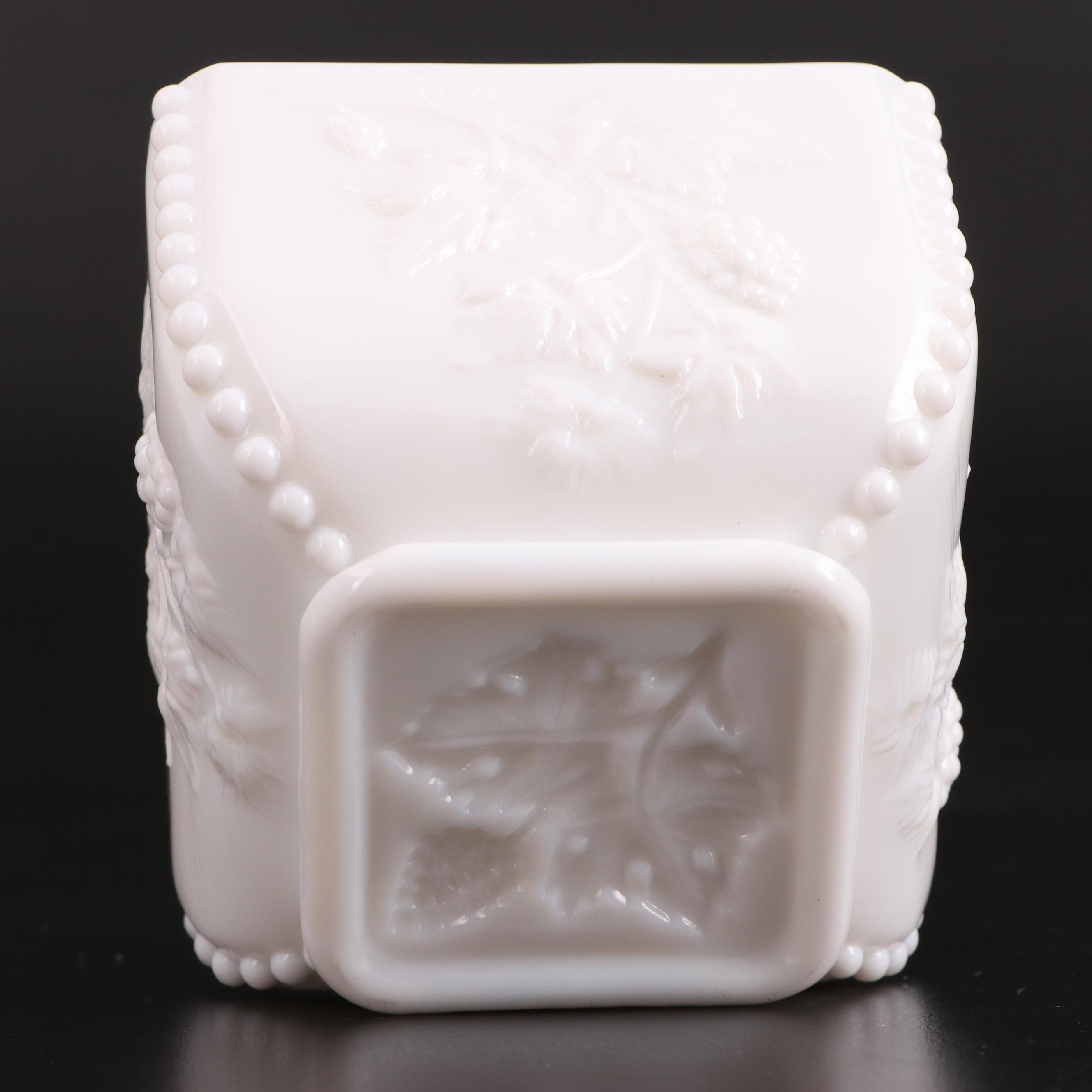 Westmoreland "Roses and Bows" Milk Glass Candlesticks and "Paneled Grape" Box