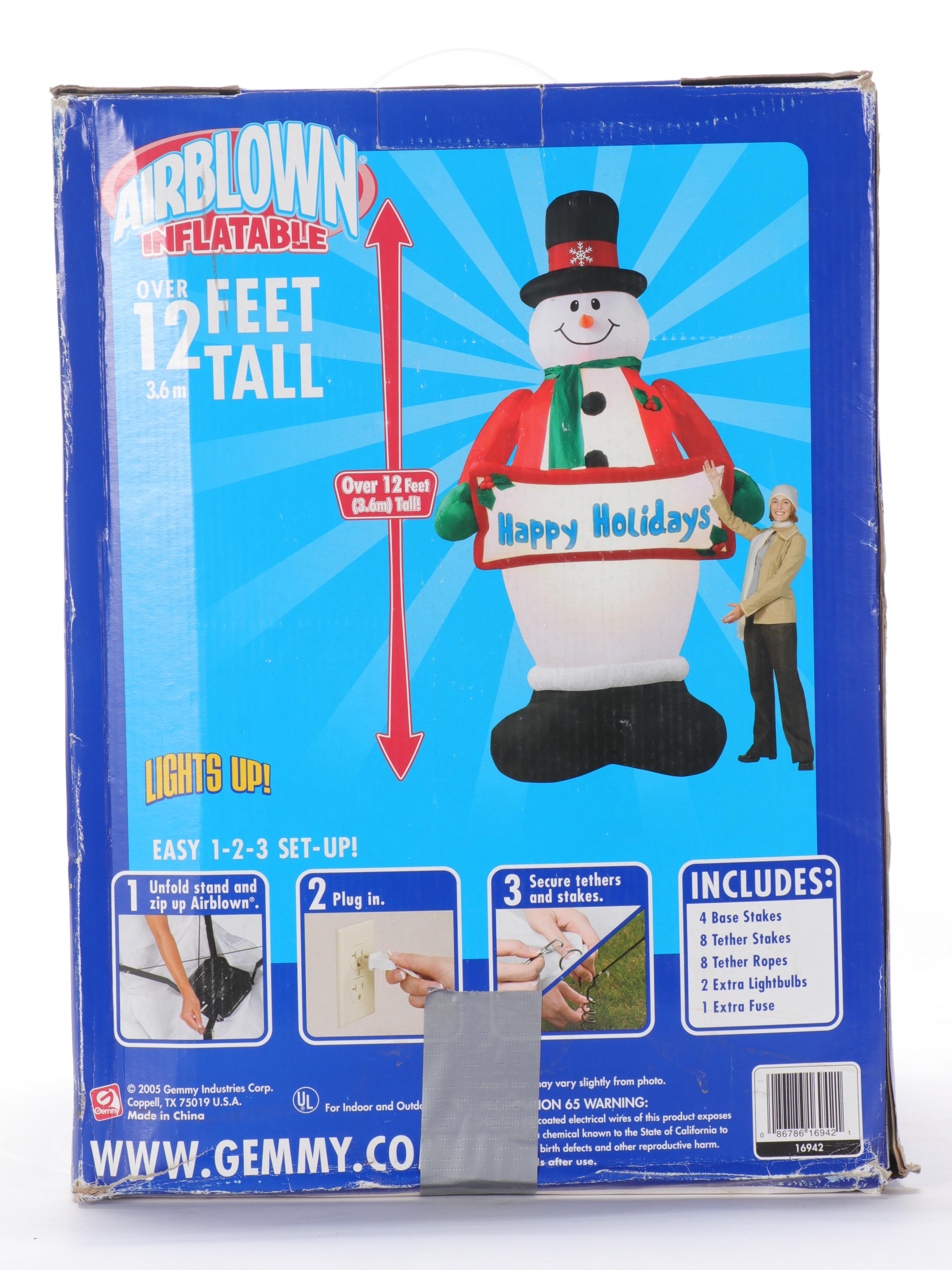 Gemmy Airblown Inflatable 12 Foot Snowman with "Happy Holidays" Banner