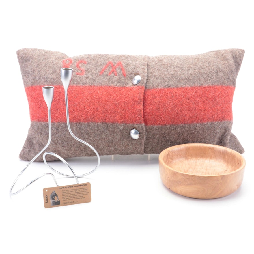 Repurposed Wool Army Blanket Pillow, Figured Maple Turned Bowl and Candle Holder