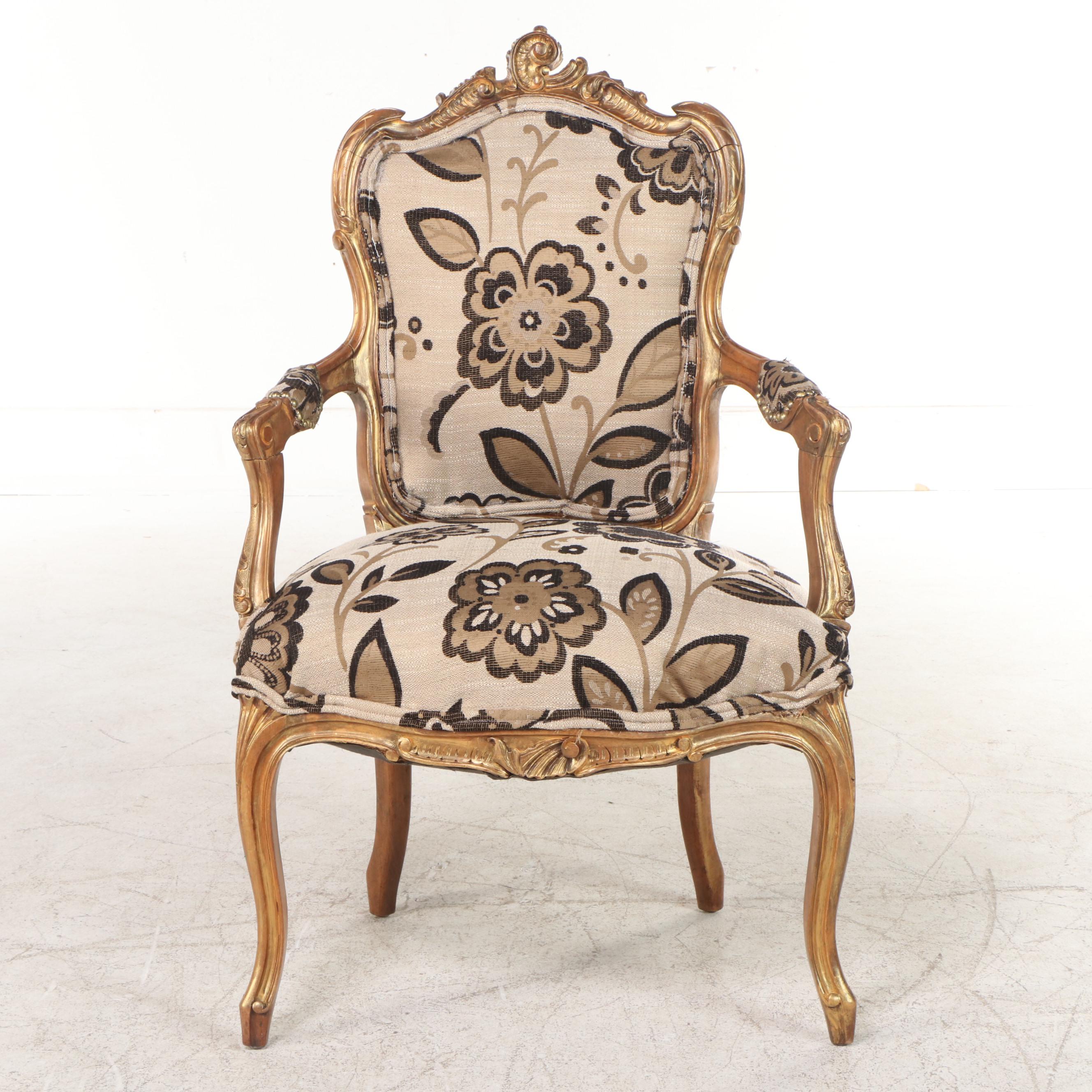 Louis XV Style Walnut, Parcel-Gilt, and Custom-Upholstered Fauteuil