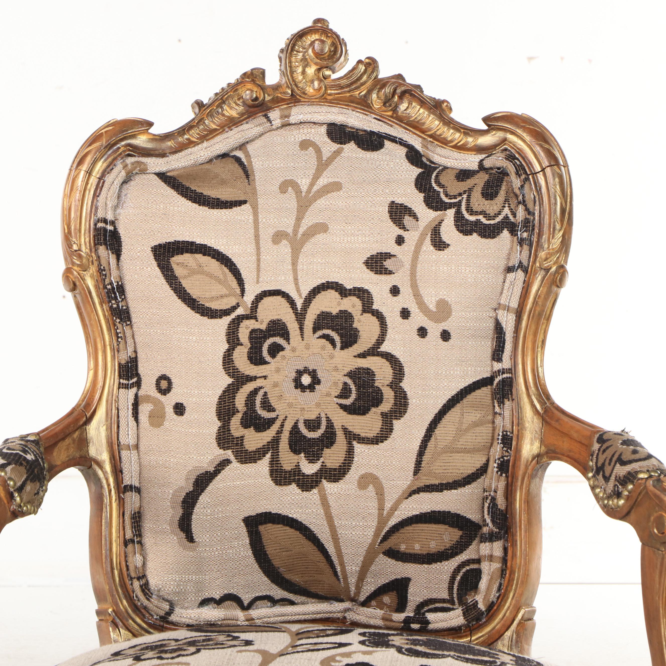 Louis XV Style Walnut, Parcel-Gilt, and Custom-Upholstered Fauteuil