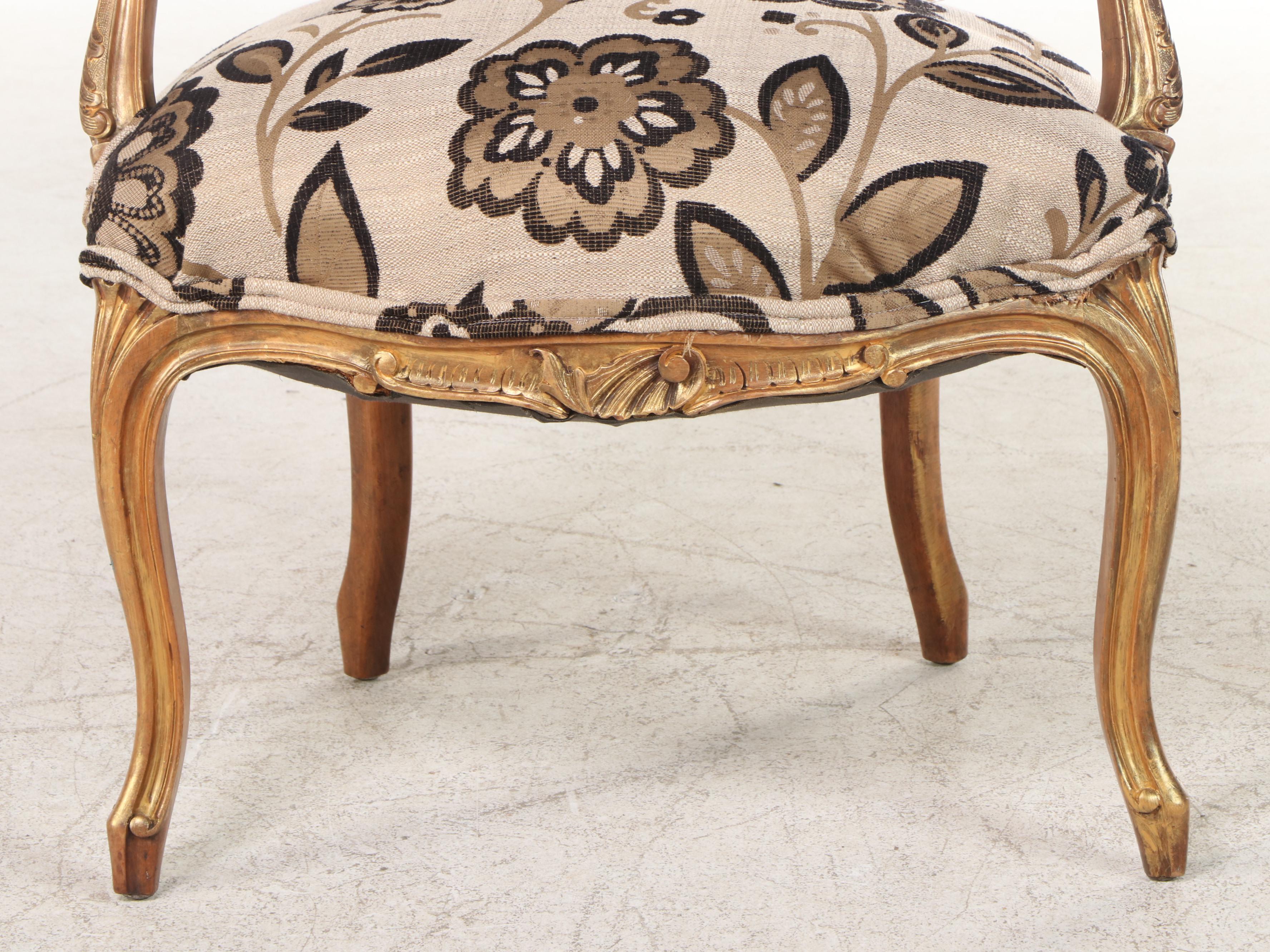 Louis XV Style Walnut, Parcel-Gilt, and Custom-Upholstered Fauteuil