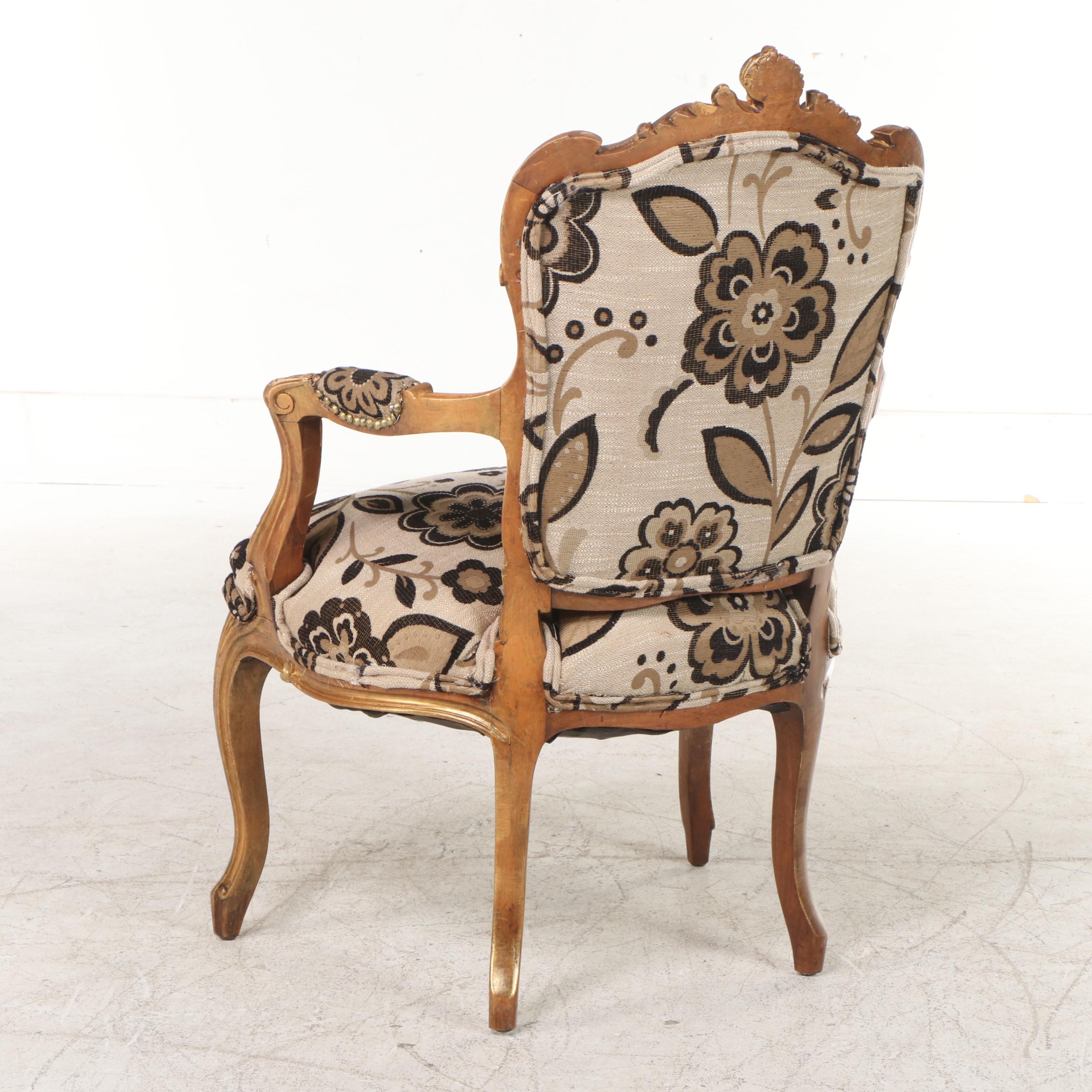 Louis XV Style Walnut, Parcel-Gilt, and Custom-Upholstered Fauteuil