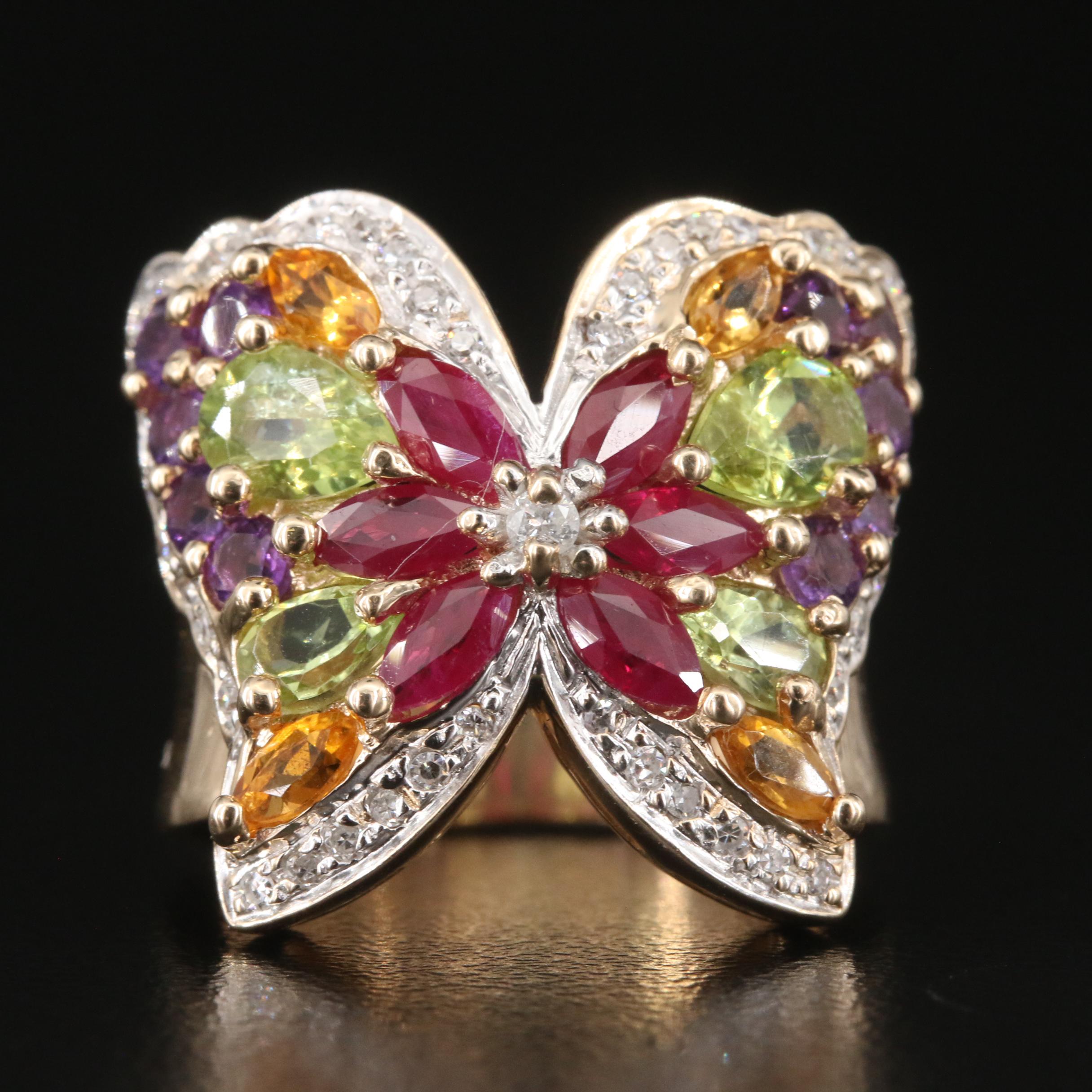 14K Diamond, Ruby and Gemstone Butterfly Ring