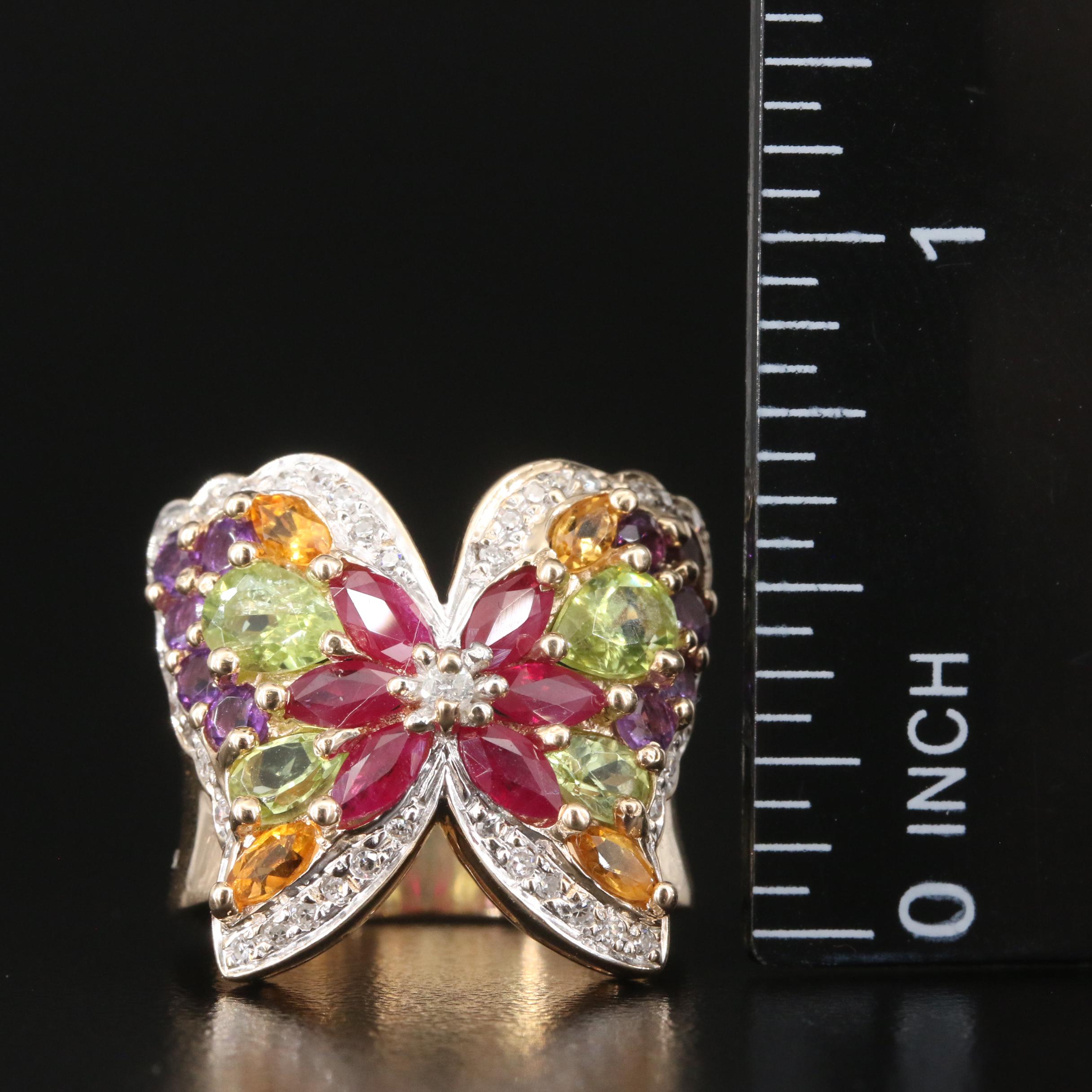 14K Diamond, Ruby and Gemstone Butterfly Ring