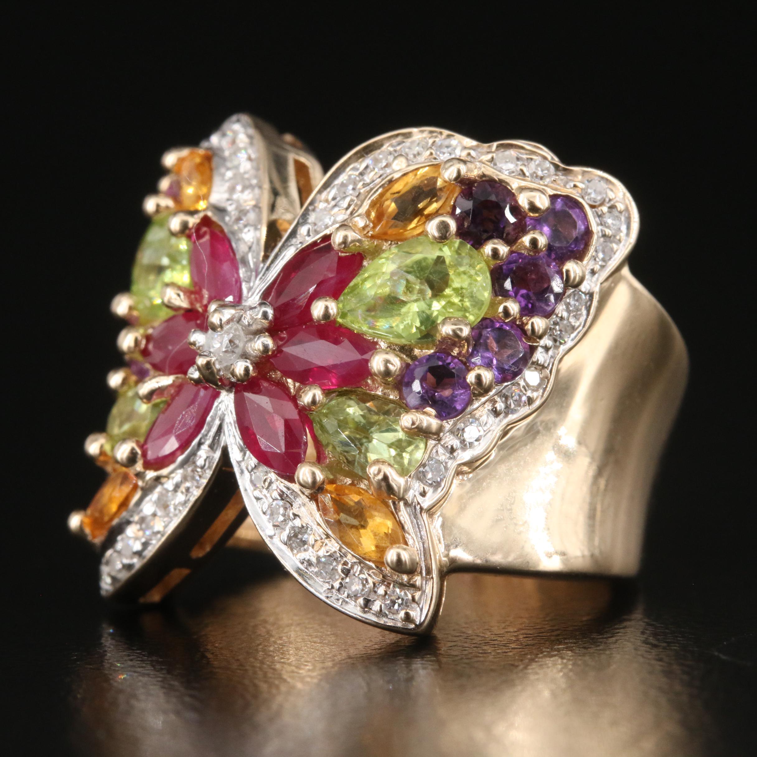 14K Diamond, Ruby and Gemstone Butterfly Ring
