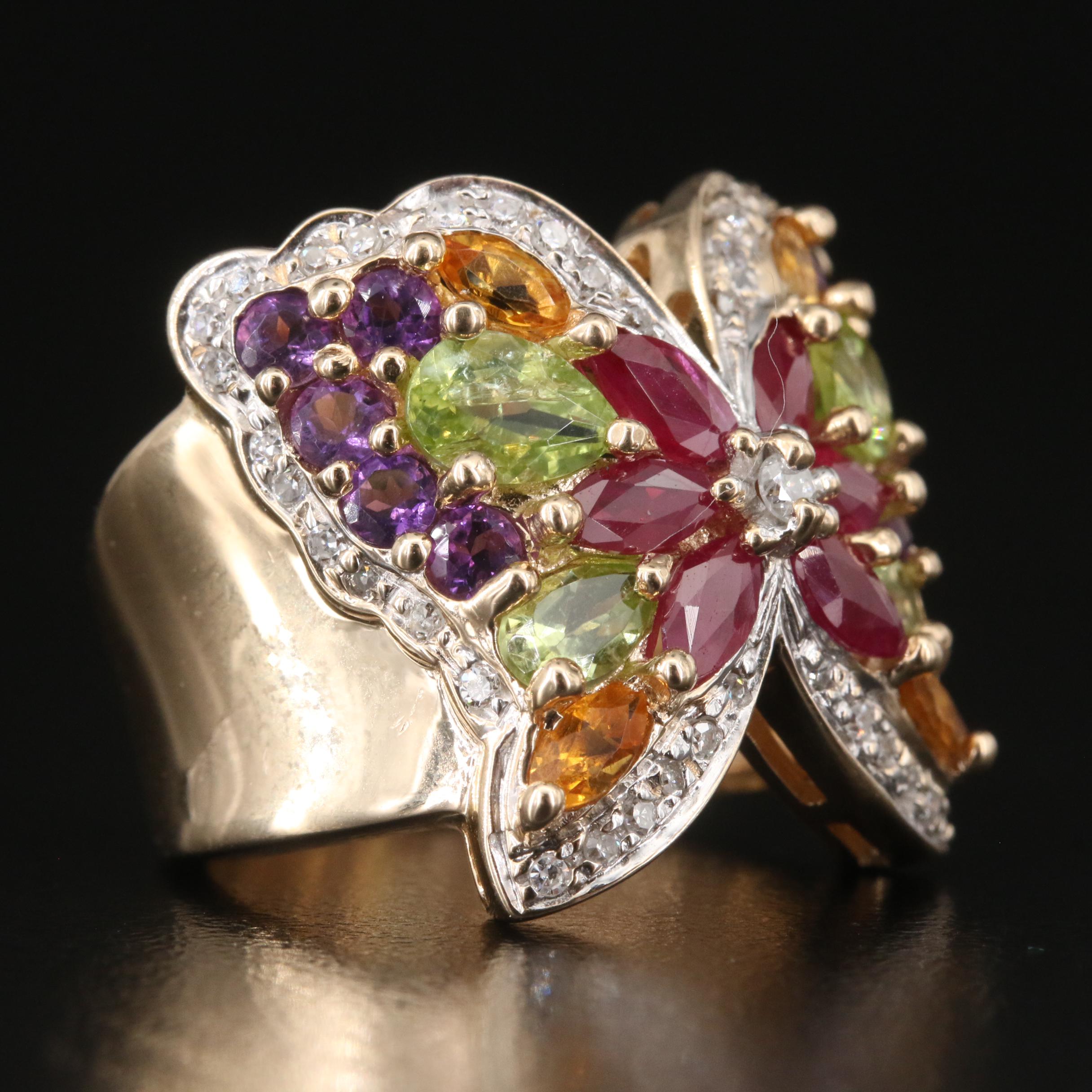 14K Diamond, Ruby and Gemstone Butterfly Ring