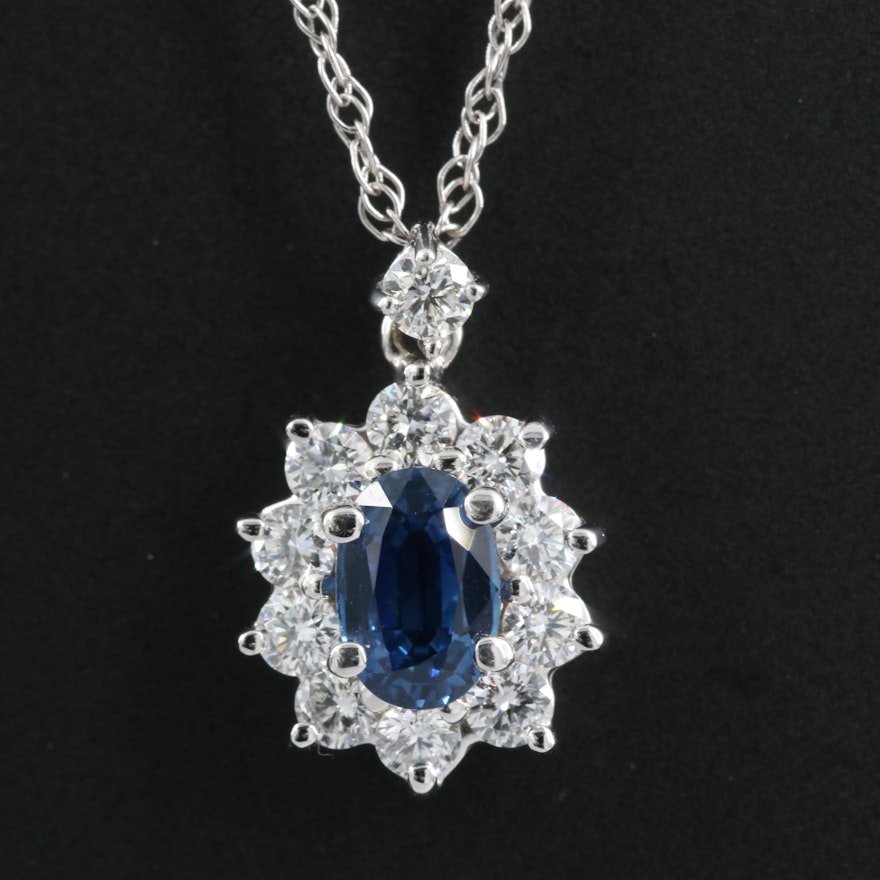 14K Sapphire Pendant Necklace with Diamond Halo