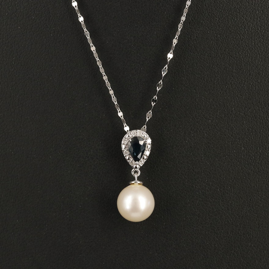 14K Pearl, Sapphire and Diamond Pendant Necklace