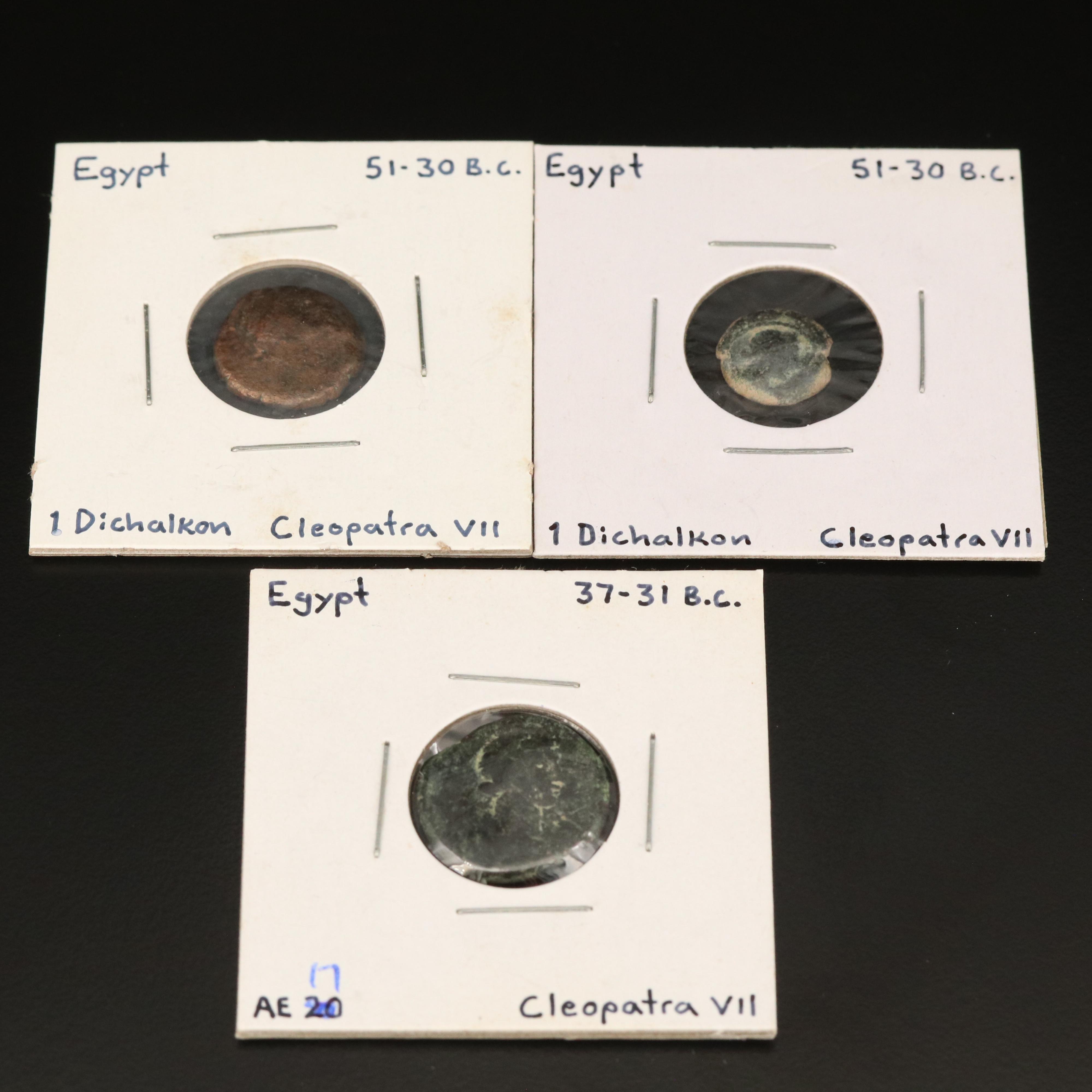 Three Ancient Egyptian Bronze Coins of Cleopatra VII, ca. 35 BC