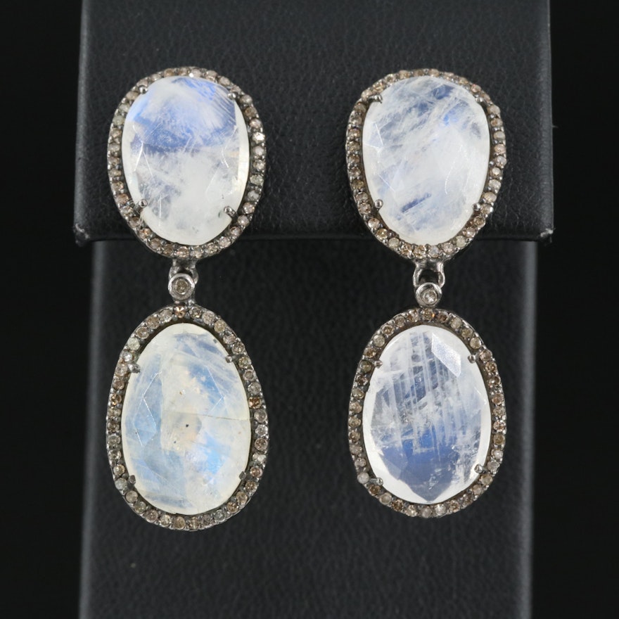 Sterling Moonstone and Diamond Drop Earrings