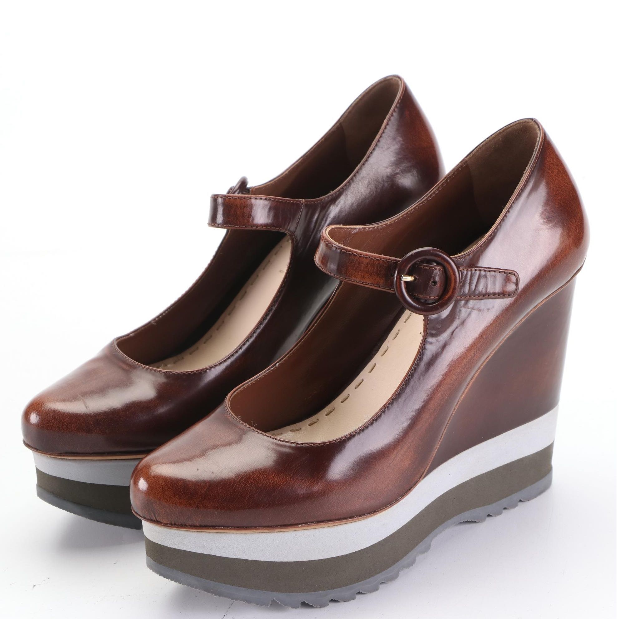 Prada Mary Jane Platform Wedges in Brown Leather