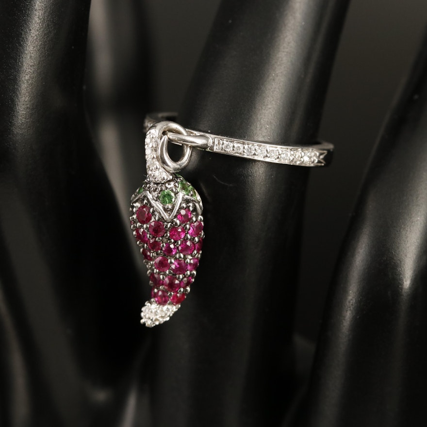 18K Diamond, Ruby and Tsavorite Chili Charm Ring