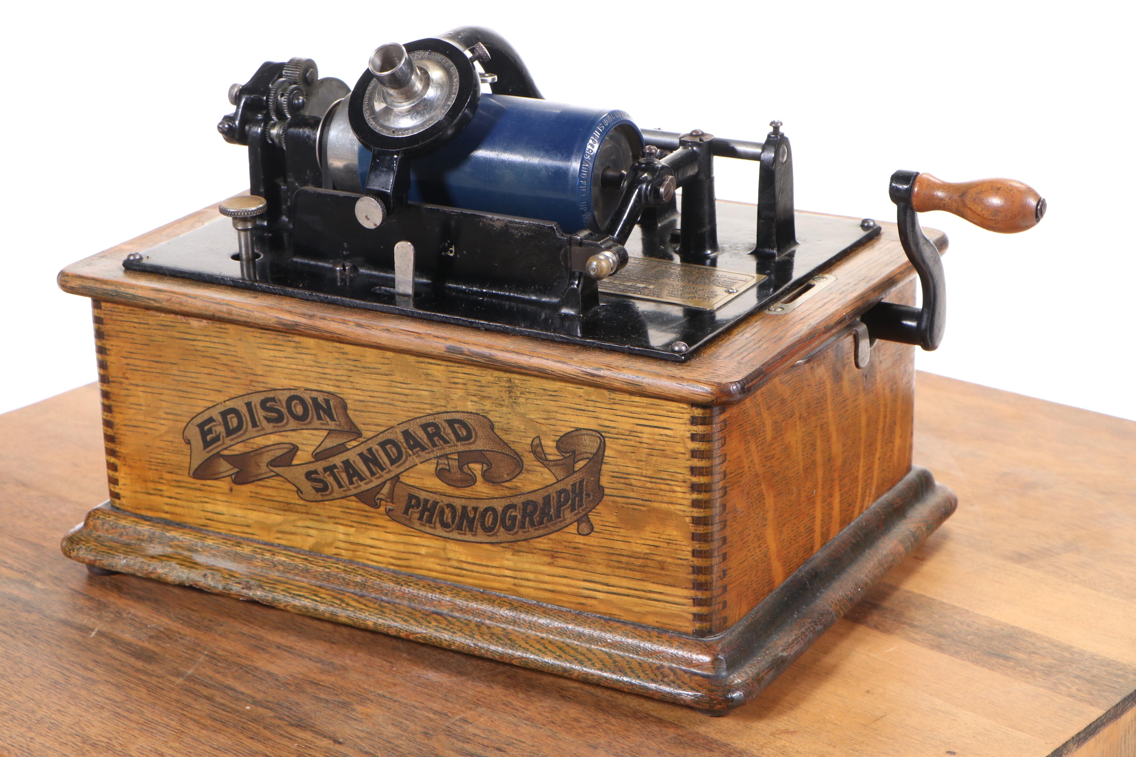 Edison Cylinder Phonograph with Oak Stand and Cylinder Rolls