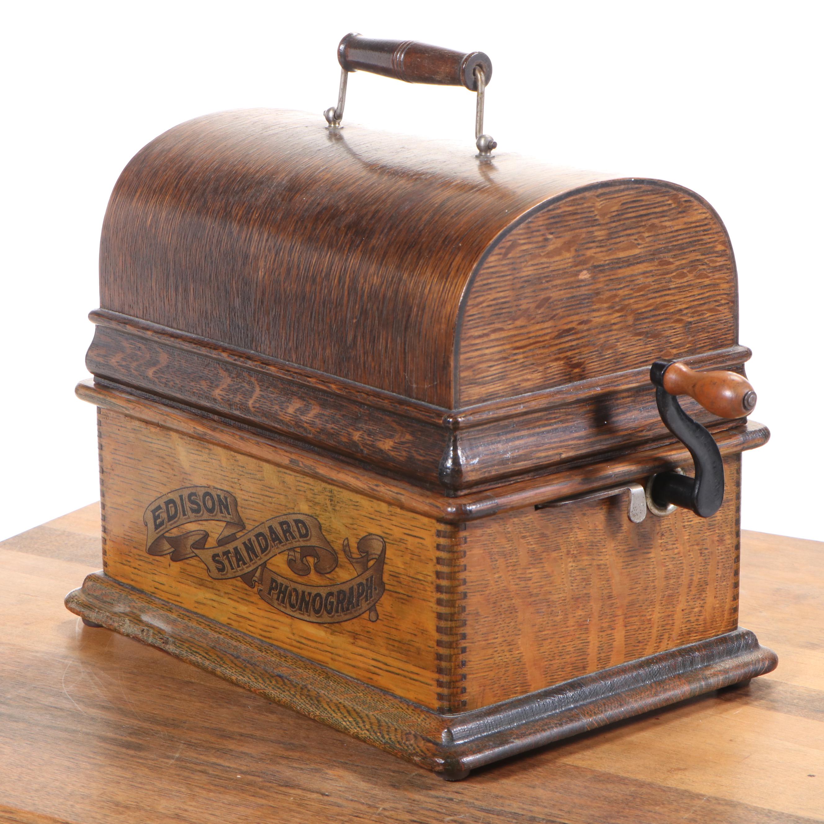 Edison Cylinder Phonograph with Oak Stand and Cylinder Rolls