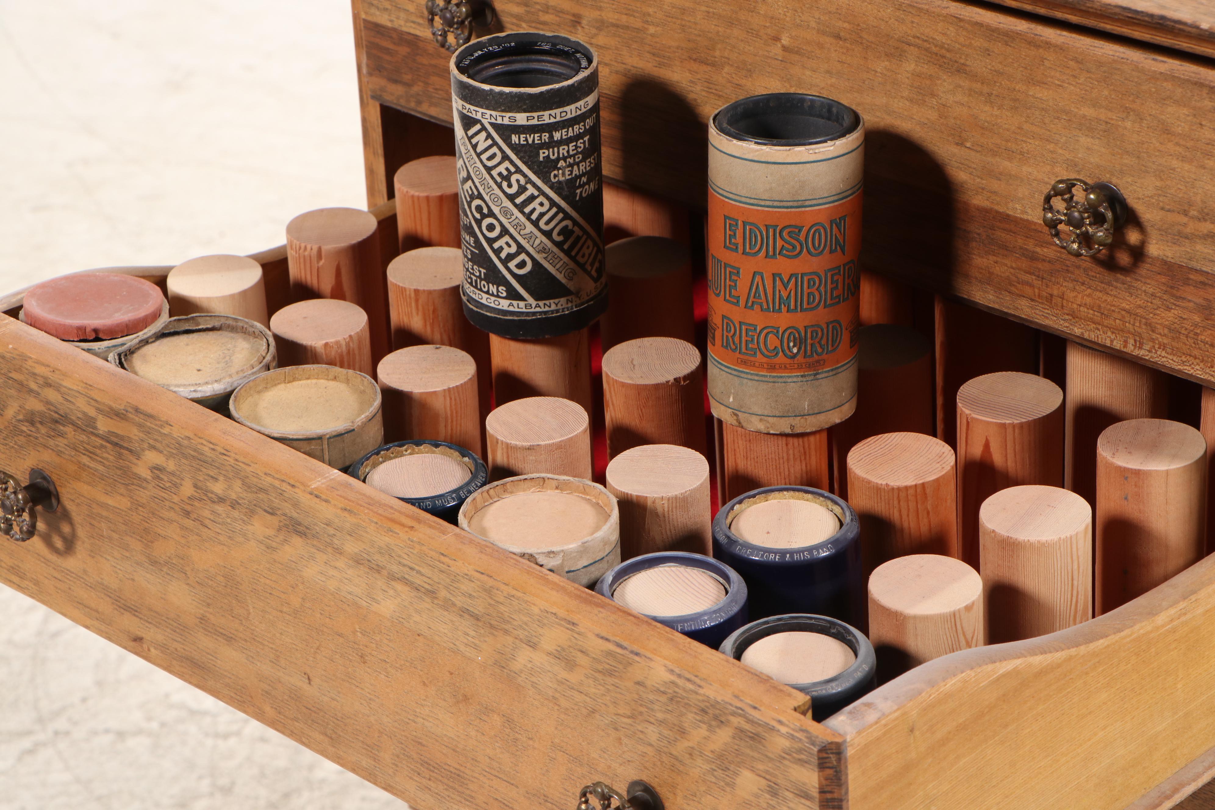Edison Cylinder Phonograph with Oak Stand and Cylinder Rolls