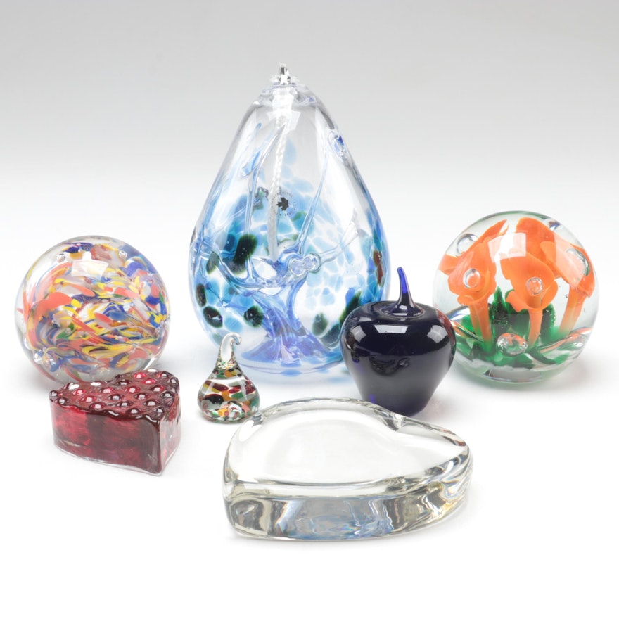 St. Clair, Levay, Ron Hinkle and Other Art Glass Paperweights and Oil Lamp