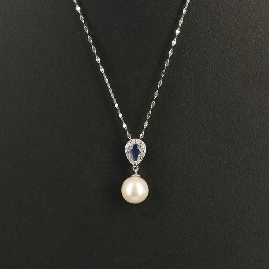 14K Pearl, Sapphire and Diamond Pendant Necklace