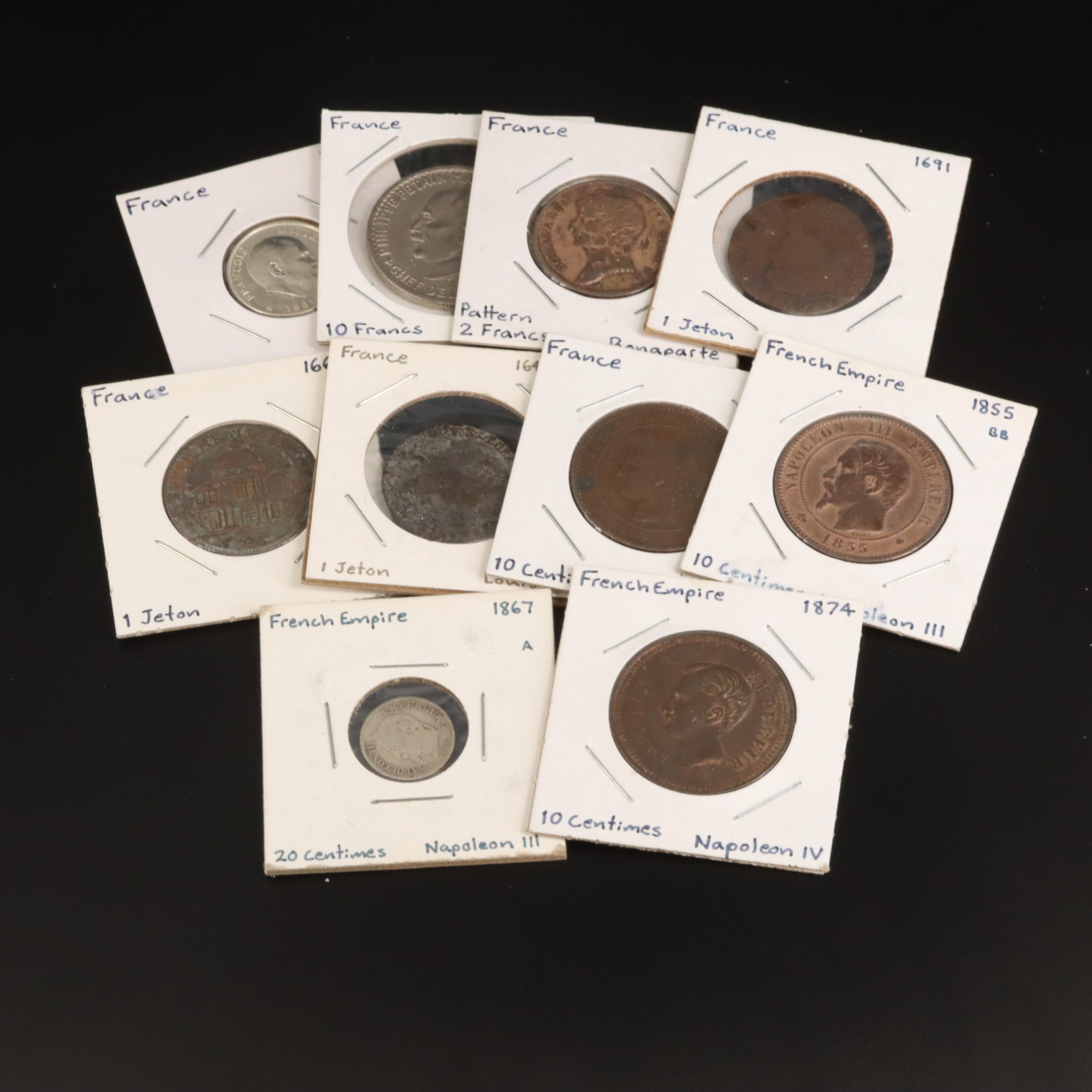Group of Ten French Coins and Jetons