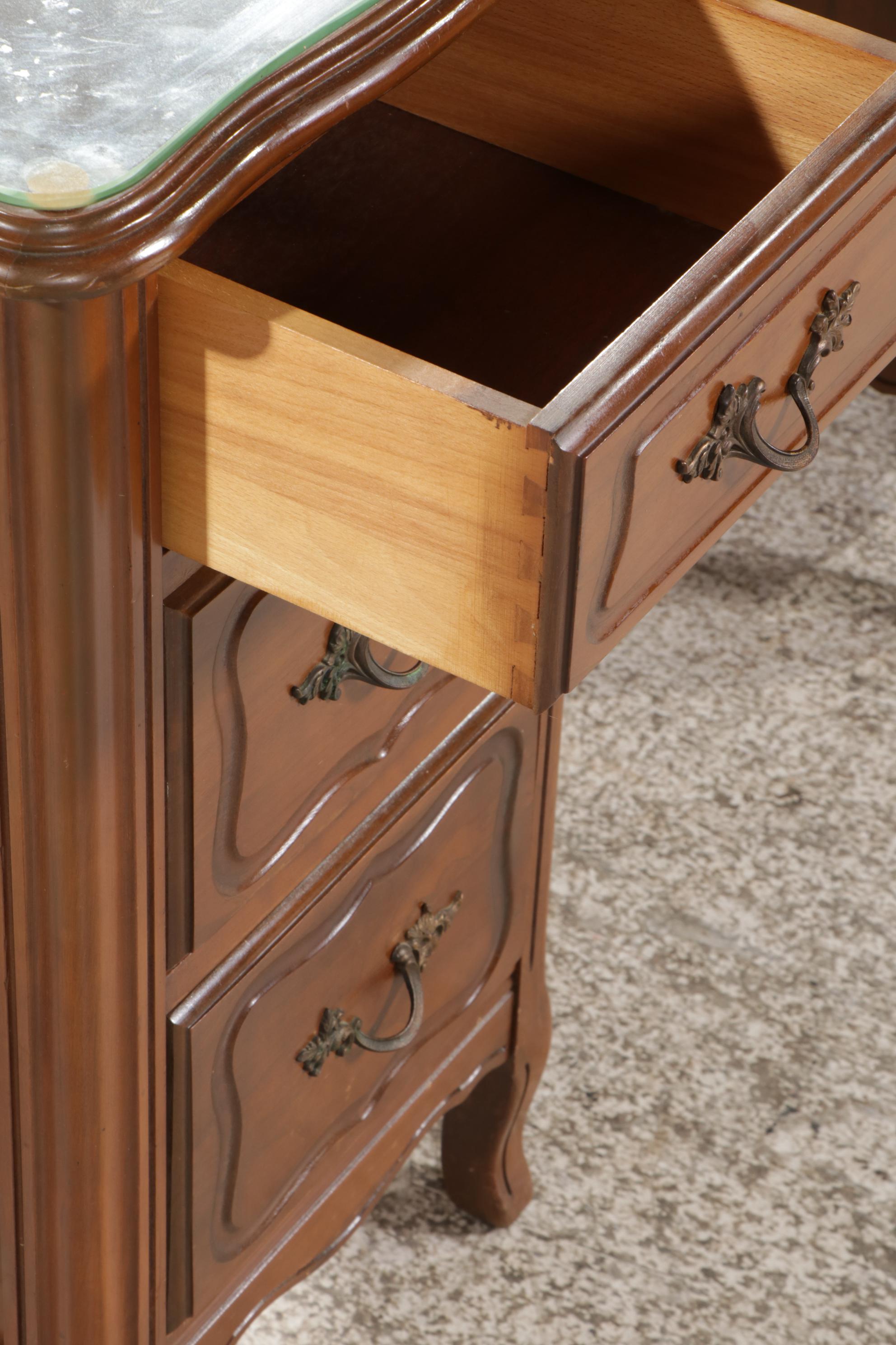 French Provincial Style Walnut Kneehole Desk and Chair, Mid to Late 20th Century