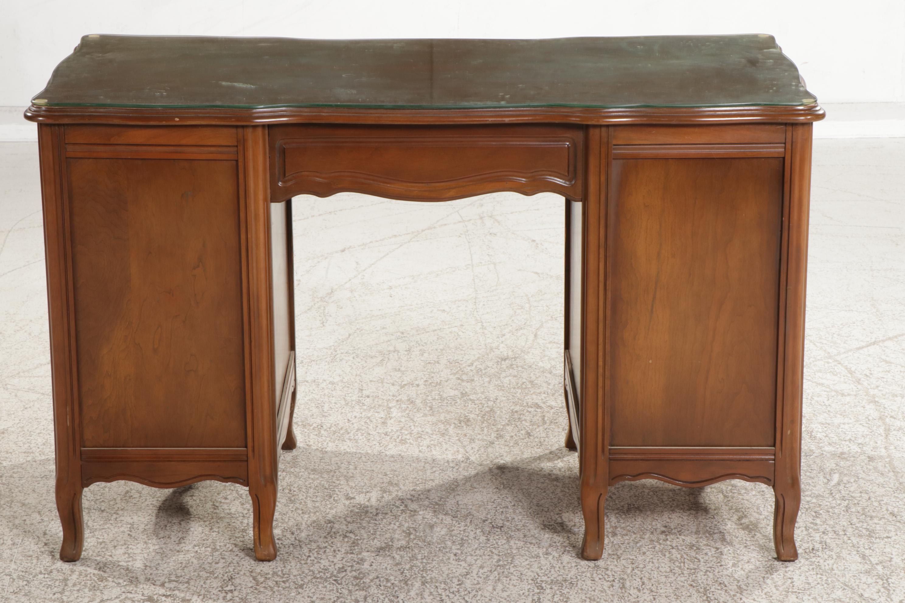 French Provincial Style Walnut Kneehole Desk and Chair, Mid to Late 20th Century