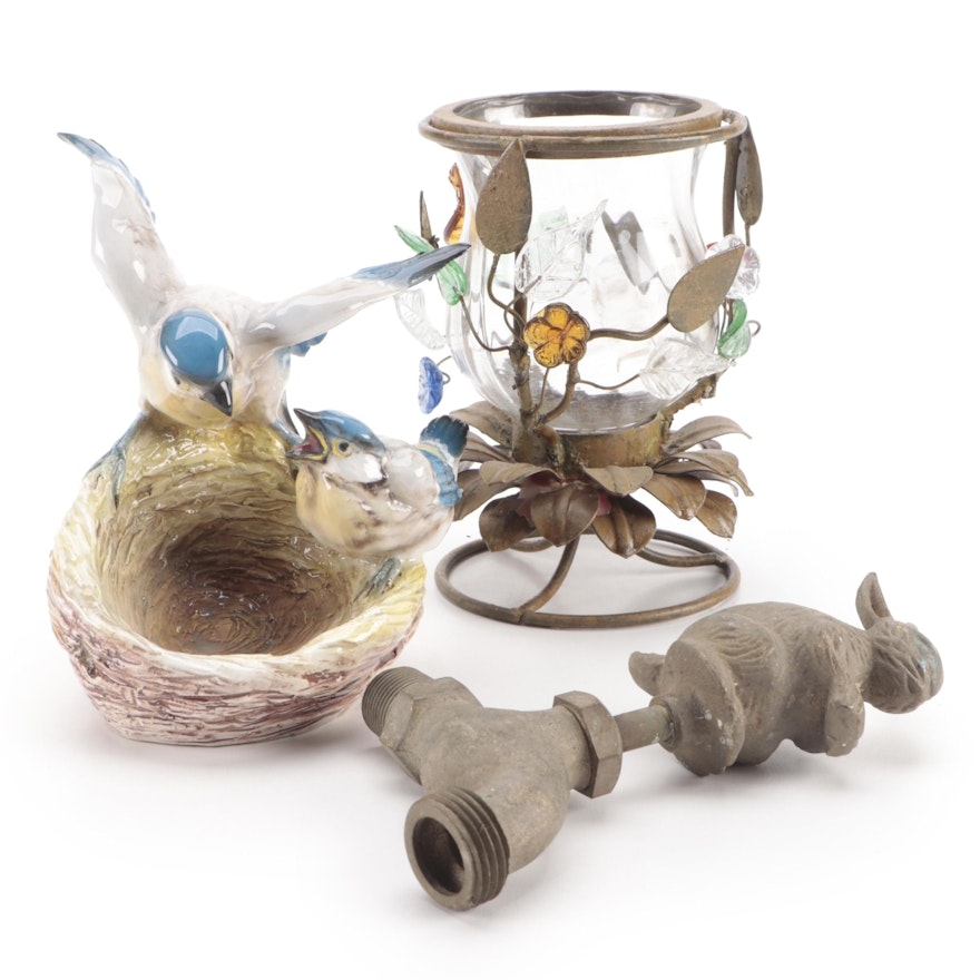 Brass Rabbit Garden Spigot with BIrd Trinket Dish and Candle Holder