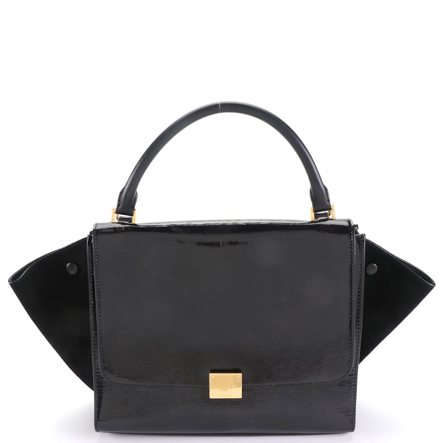 Céline Medium Trapeze Bag in Black Leather, Patent Leather, and Suede with Strap