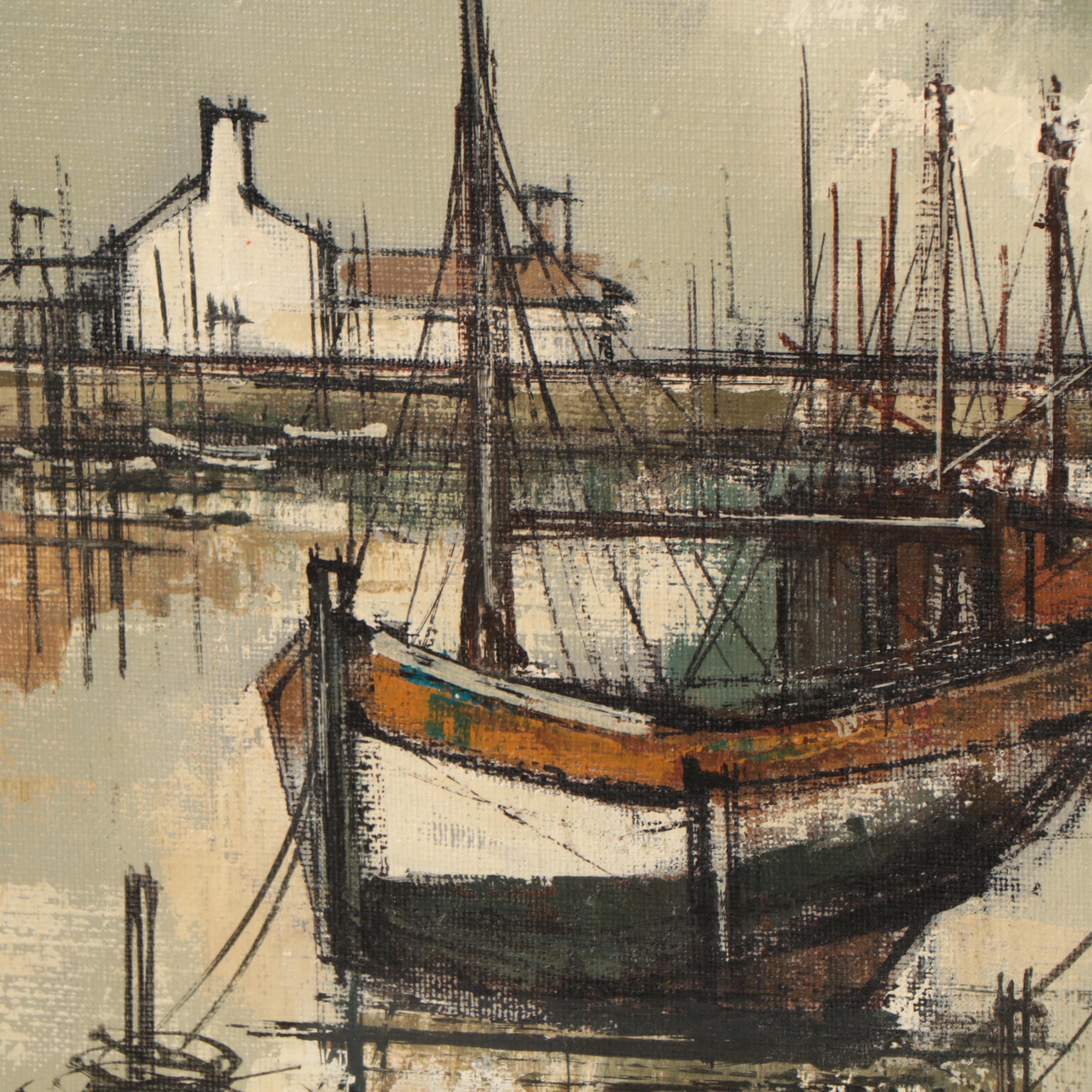 Marius Girard Oil Paintings of Harbor and Street Scene, Late 20th Century