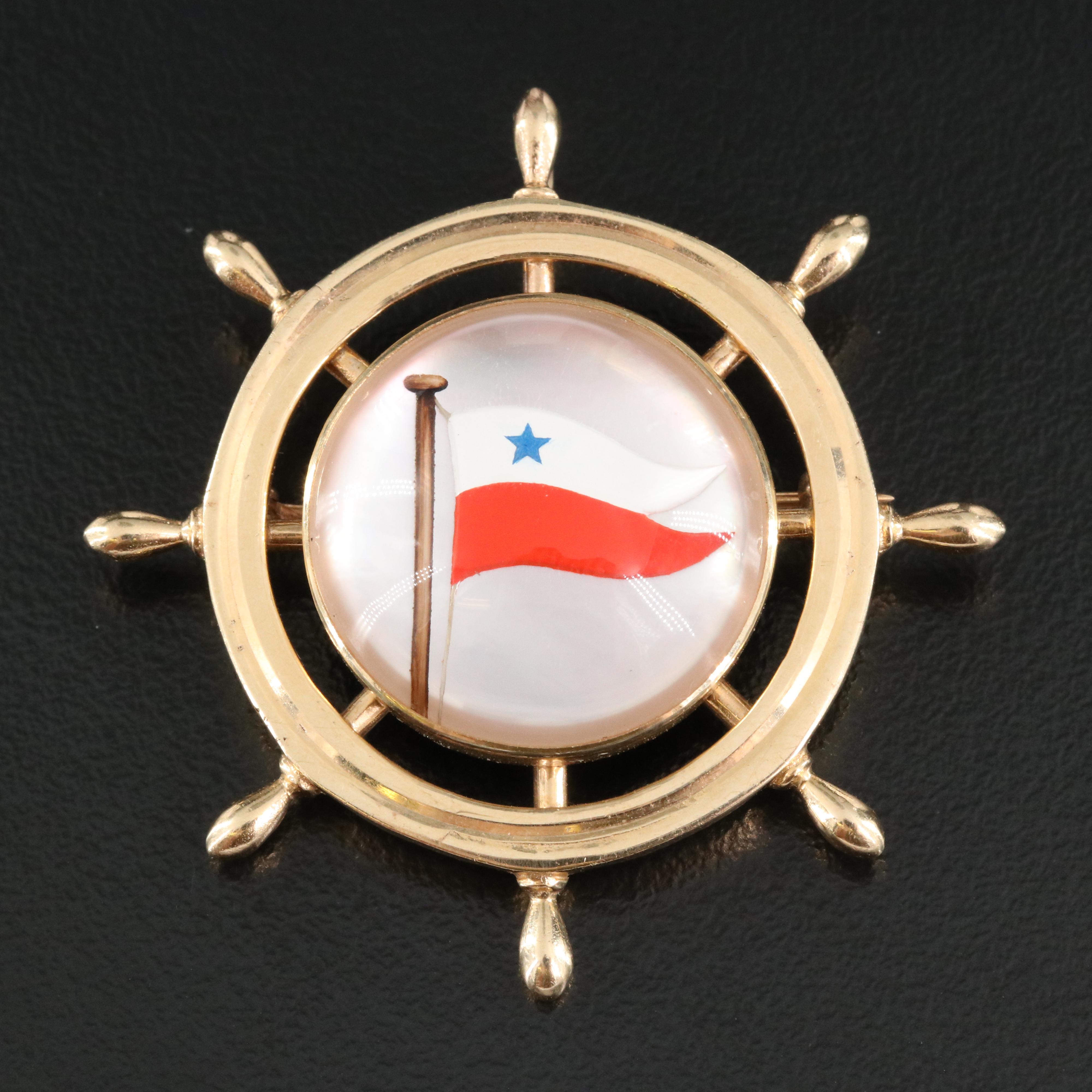 14K Boat Wheel Converter Brooch with Red, White and Blue Yacht Club Burgee