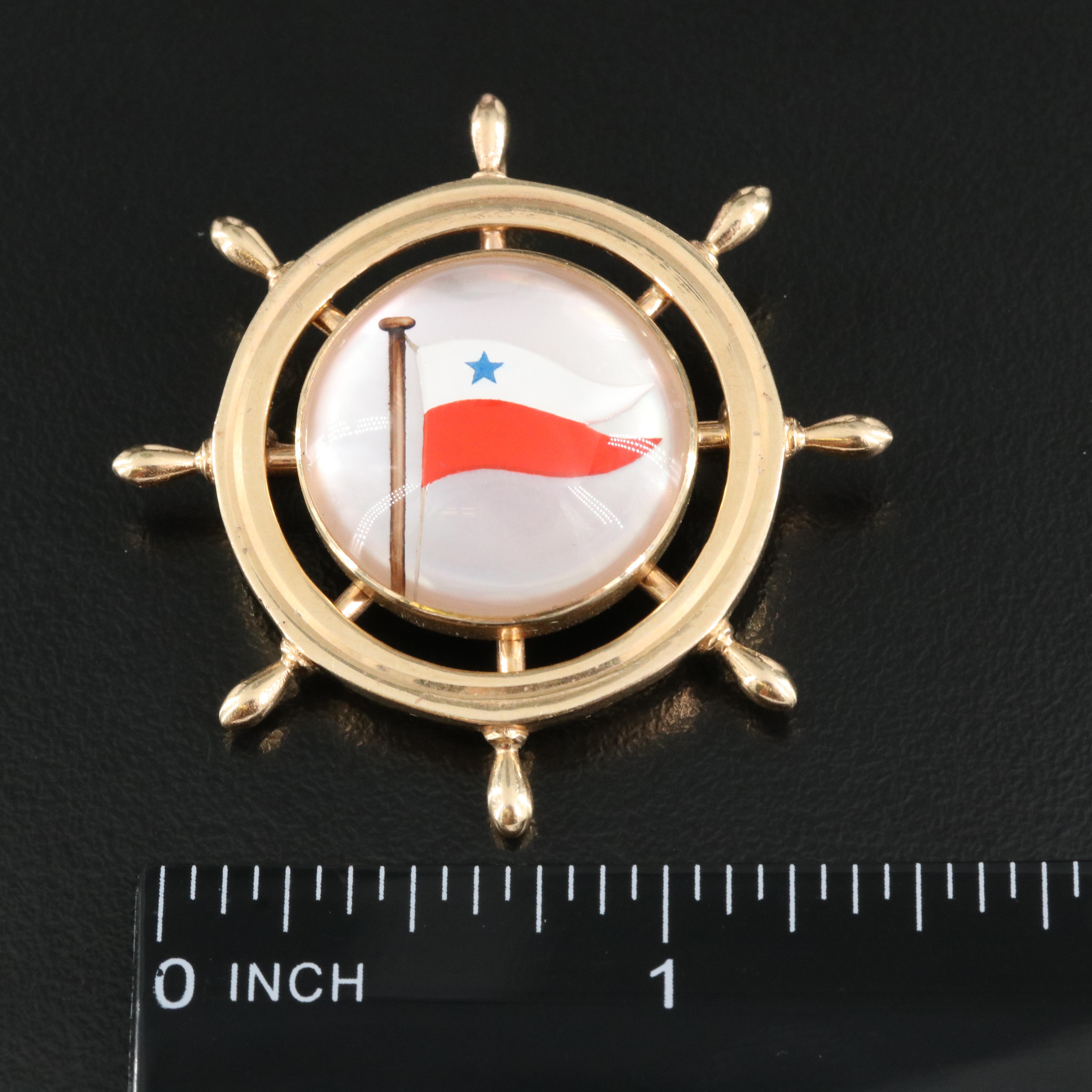 14K Boat Wheel Converter Brooch with Red, White and Blue Yacht Club Burgee