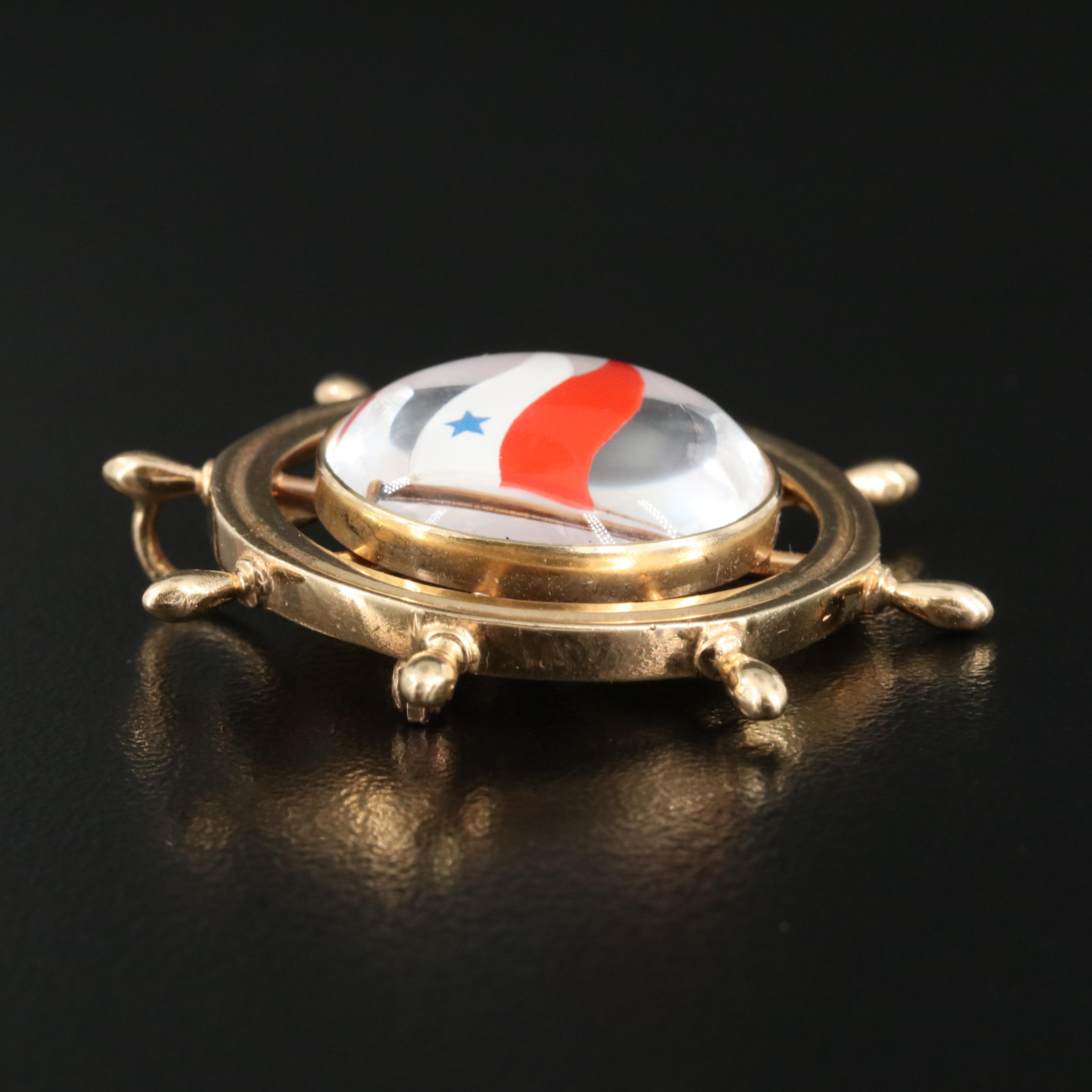 14K Boat Wheel Converter Brooch with Red, White and Blue Yacht Club Burgee