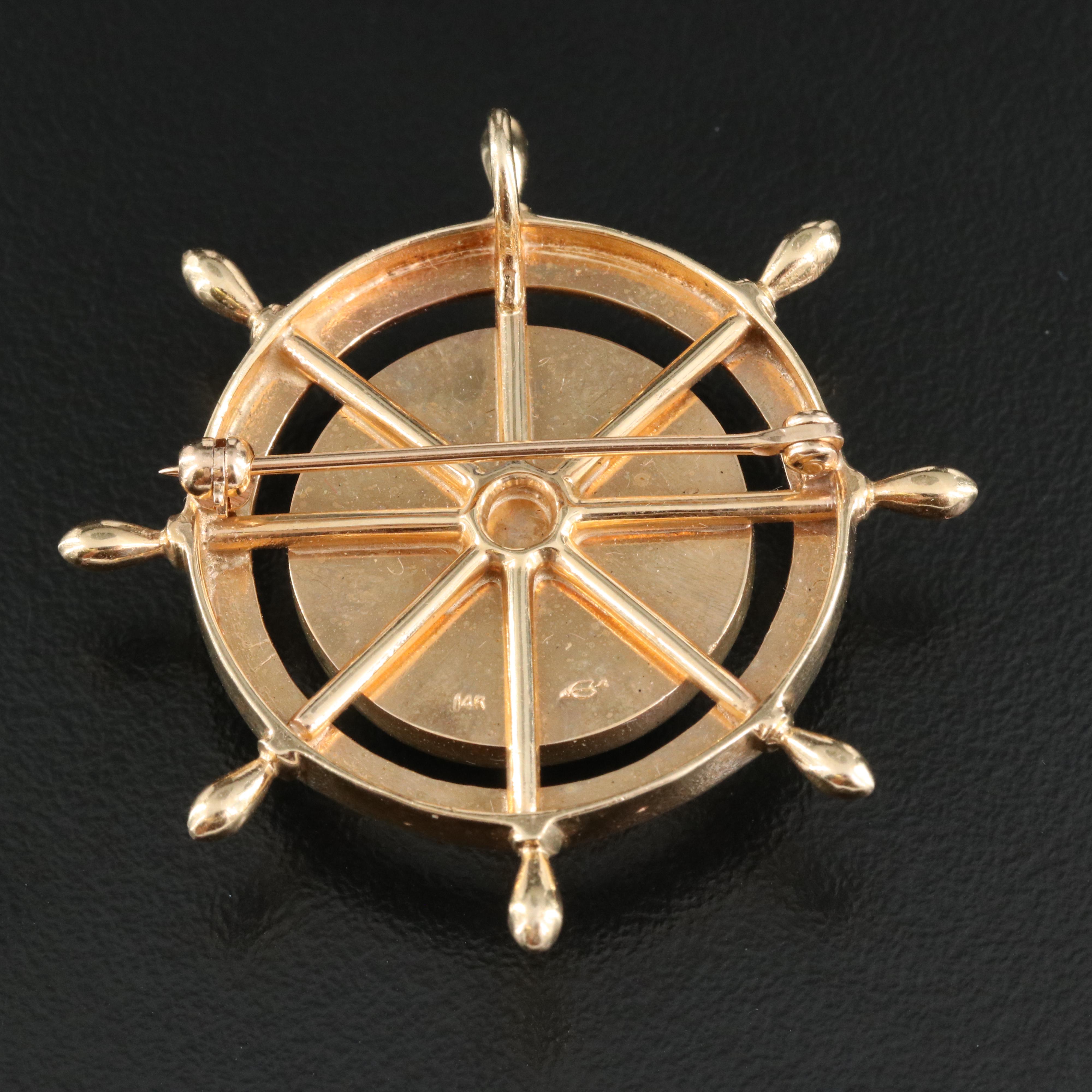 14K Boat Wheel Converter Brooch with Red, White and Blue Yacht Club Burgee