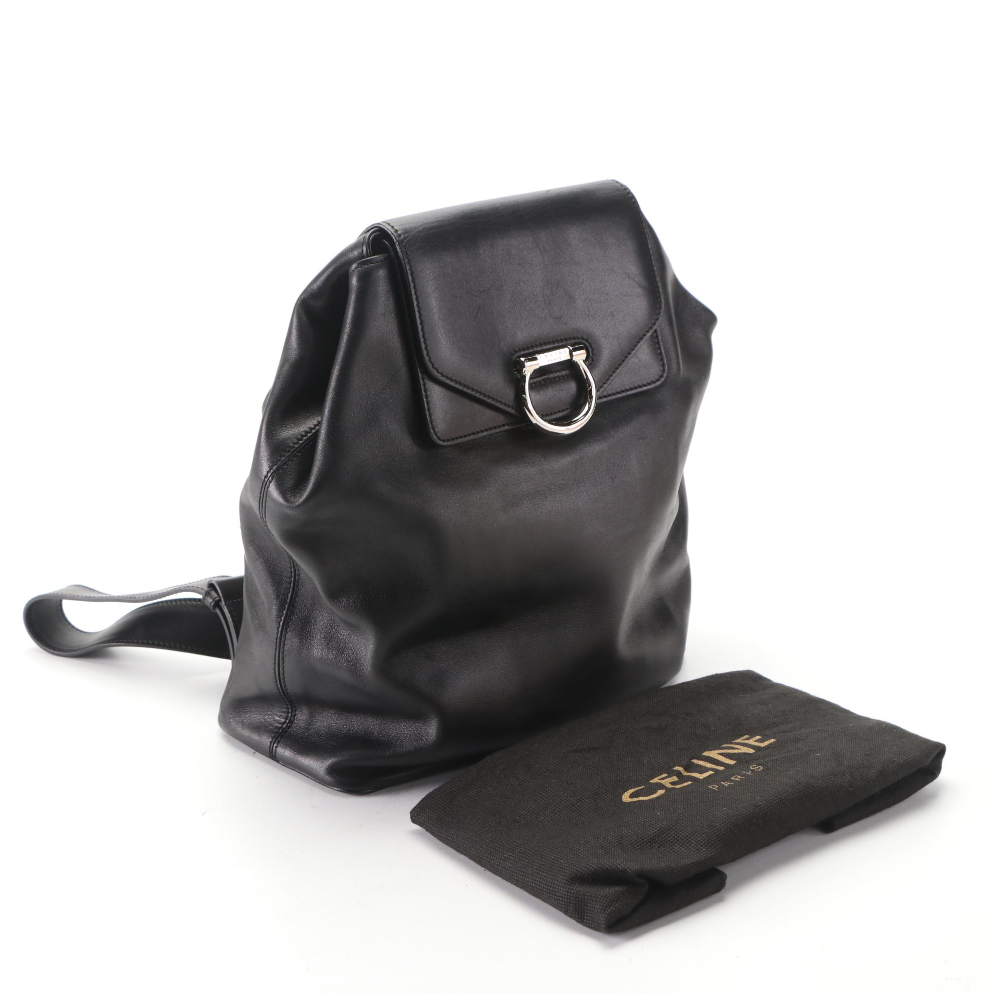 Celine Double Flap Backpack Bag in Black Calfskin Leather