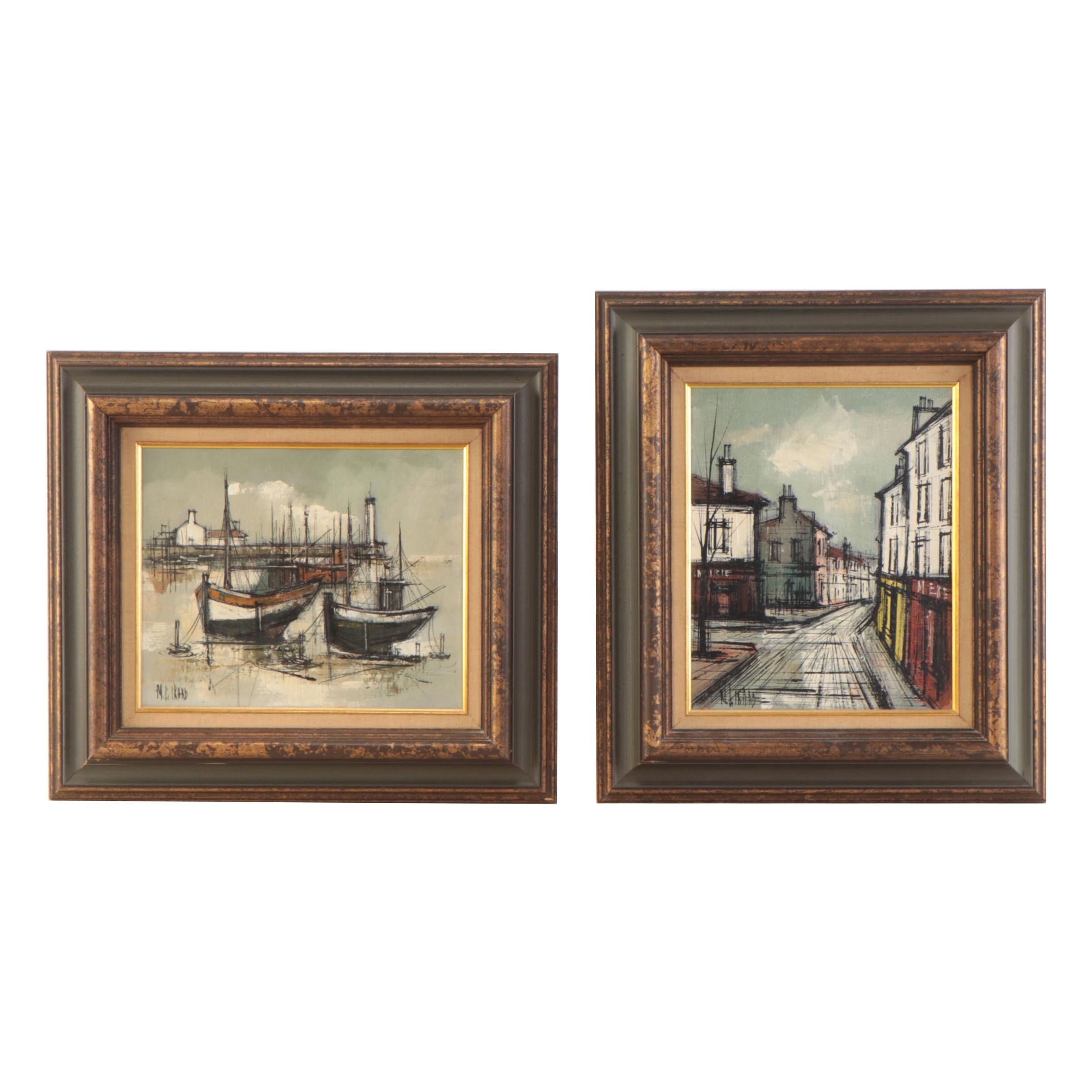 Marius Girard Oil Paintings of Harbor and Street Scene, Late 20th Century