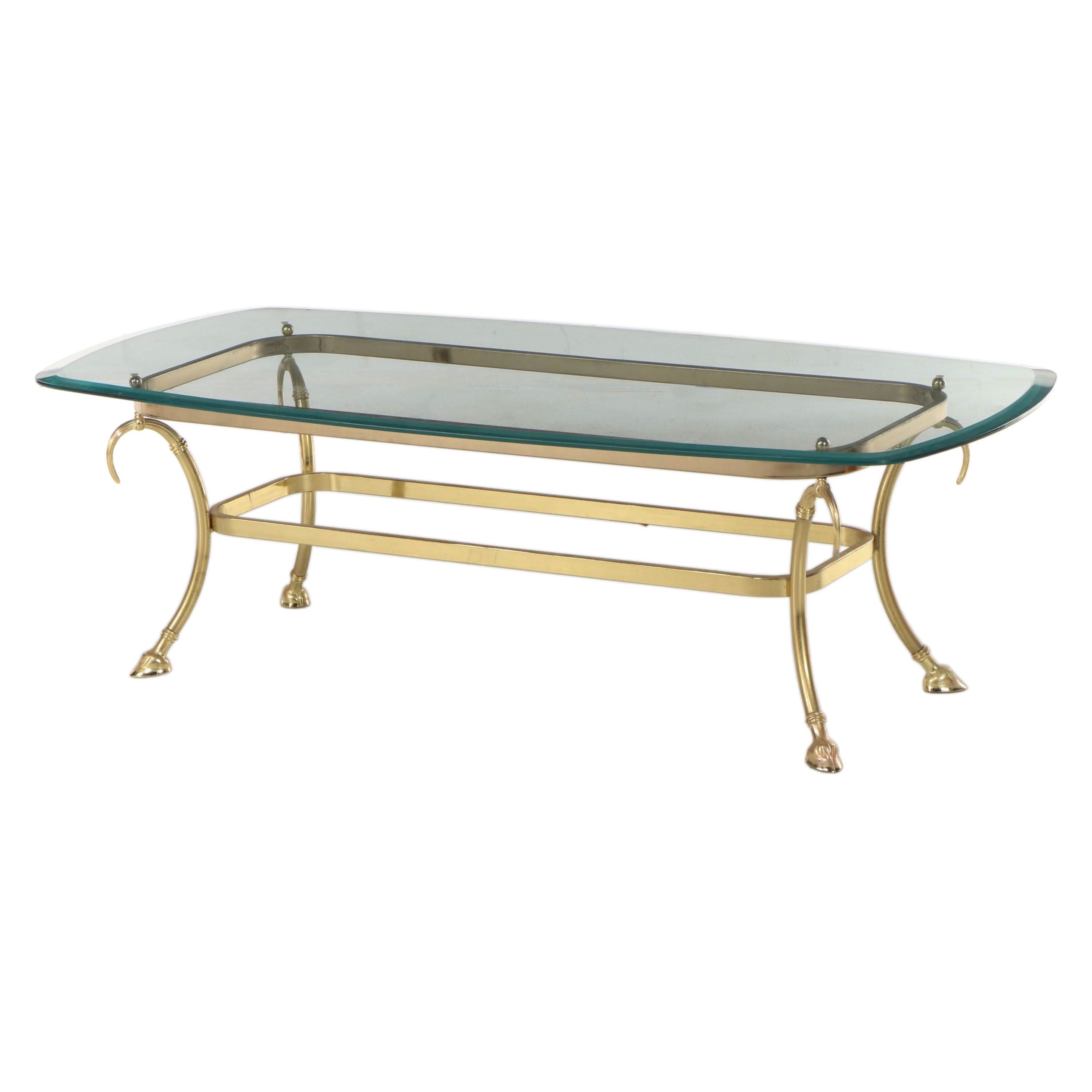 Brass-Tone and Beveled Glass Top Coffee Table with Cloven Feet