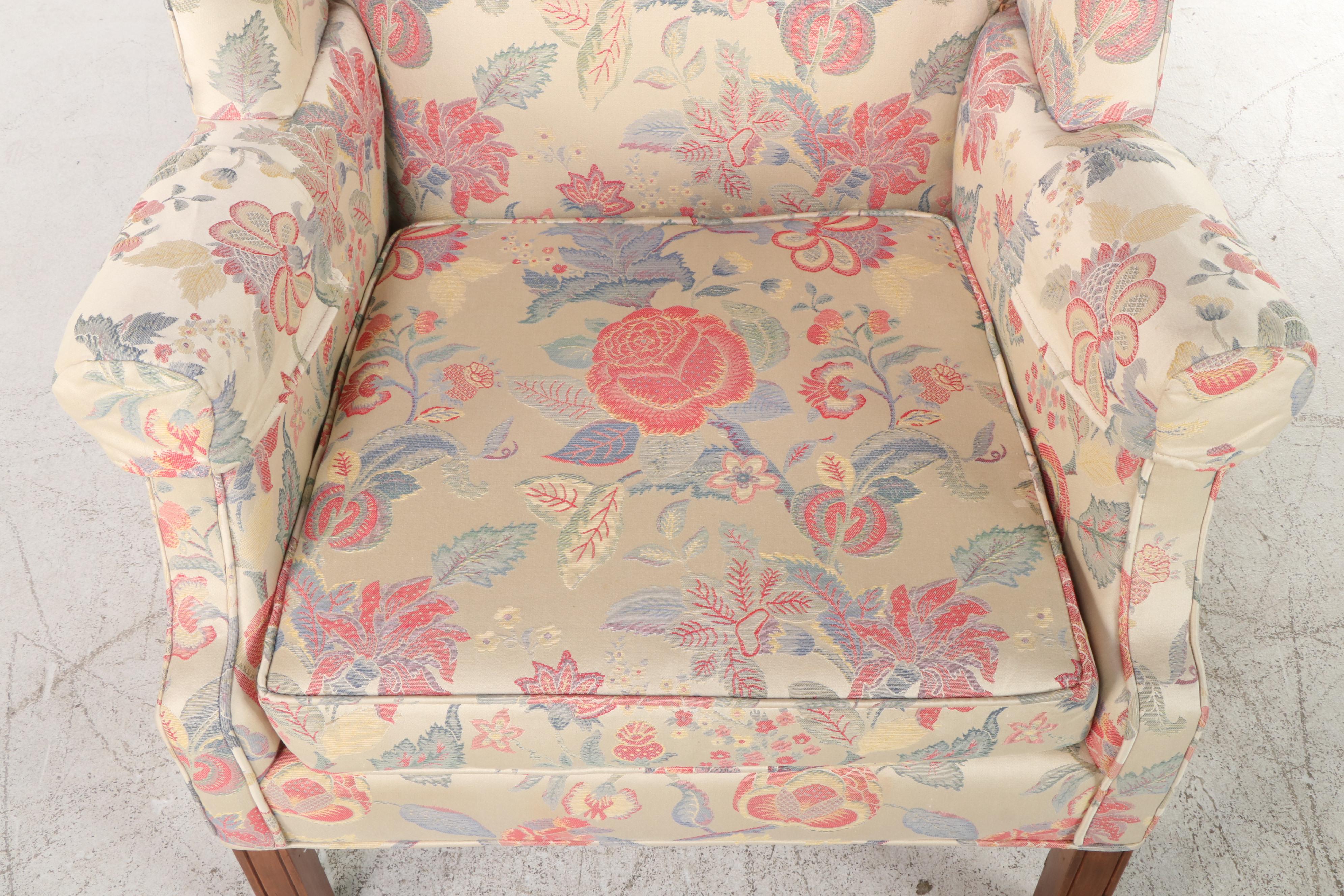 Chippendale Style Floral-Upholstered Wingback Armchair, Late 20th Century