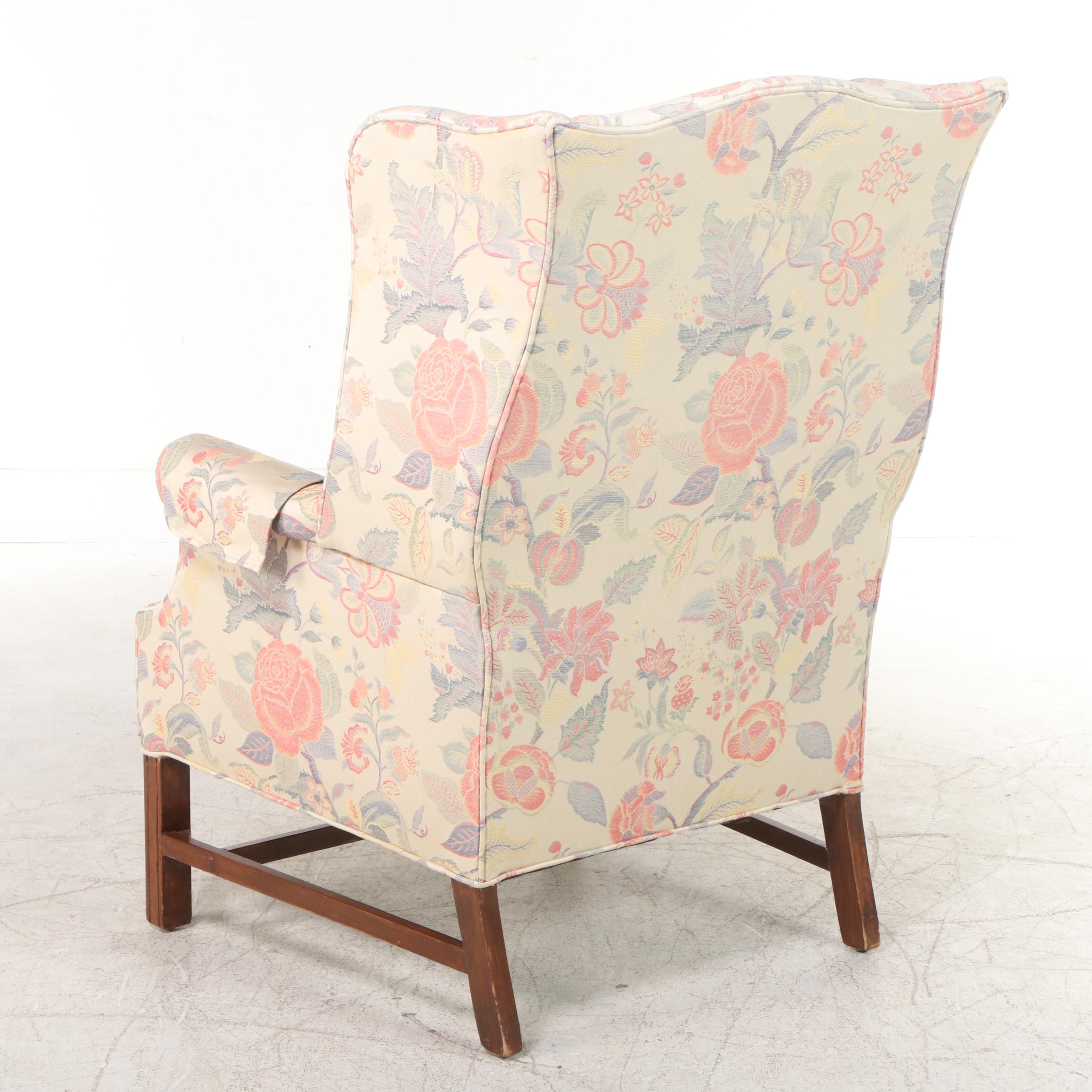 Chippendale Style Floral-Upholstered Wingback Armchair, Late 20th Century