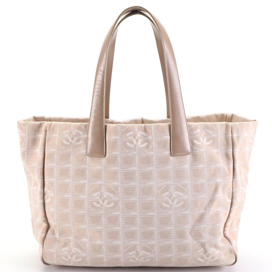 Chanel Travel Line Tote Bag in Beige Jacquard Canvas and Leather