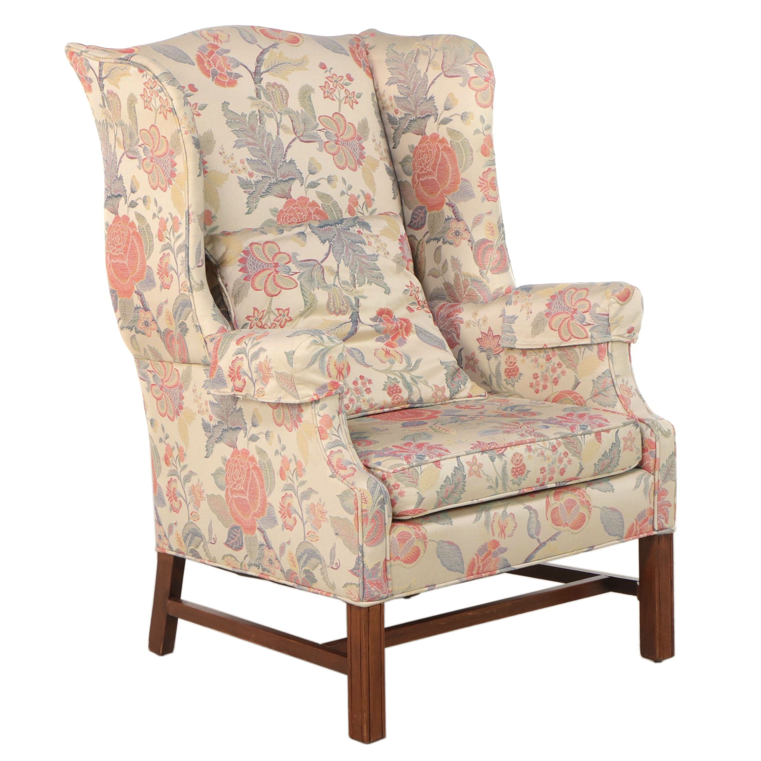 Chippendale Style Floral-Upholstered Wingback Armchair, Late 20th Century