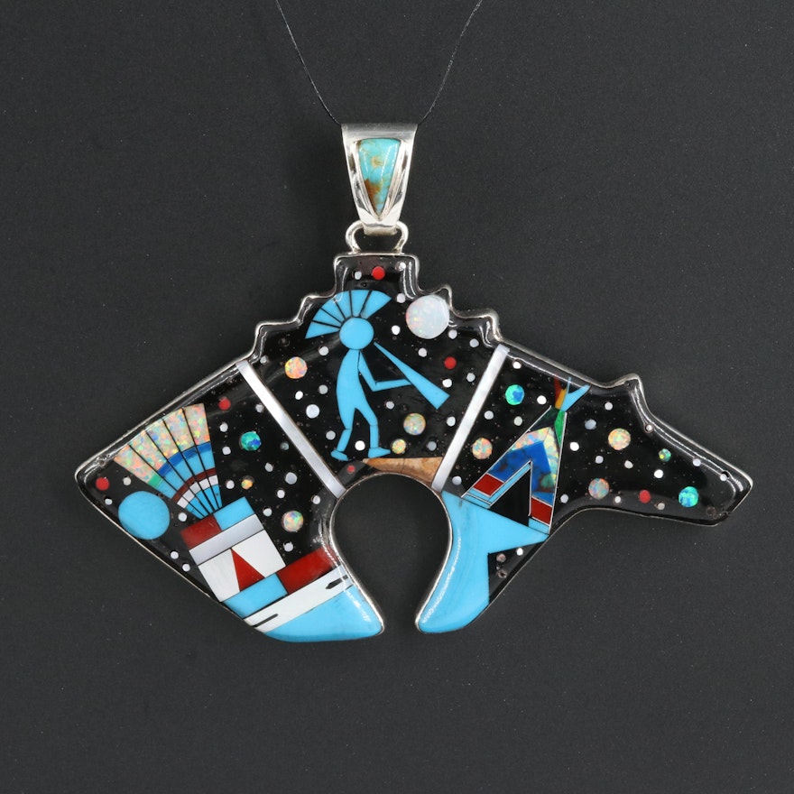 Southwestern Sterling Opal and Mother-of-Pearl Inlaid Bear Fetish Pendant