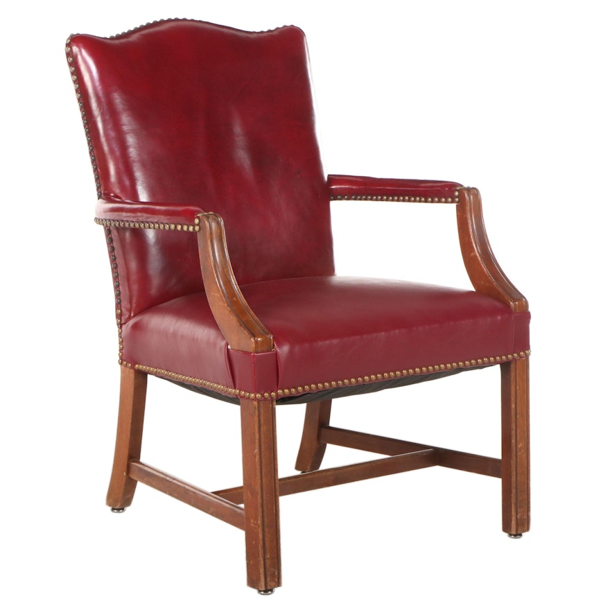 Chippendale Style Mahogany and Faux-Leather Library Armchair, Late 20th Century