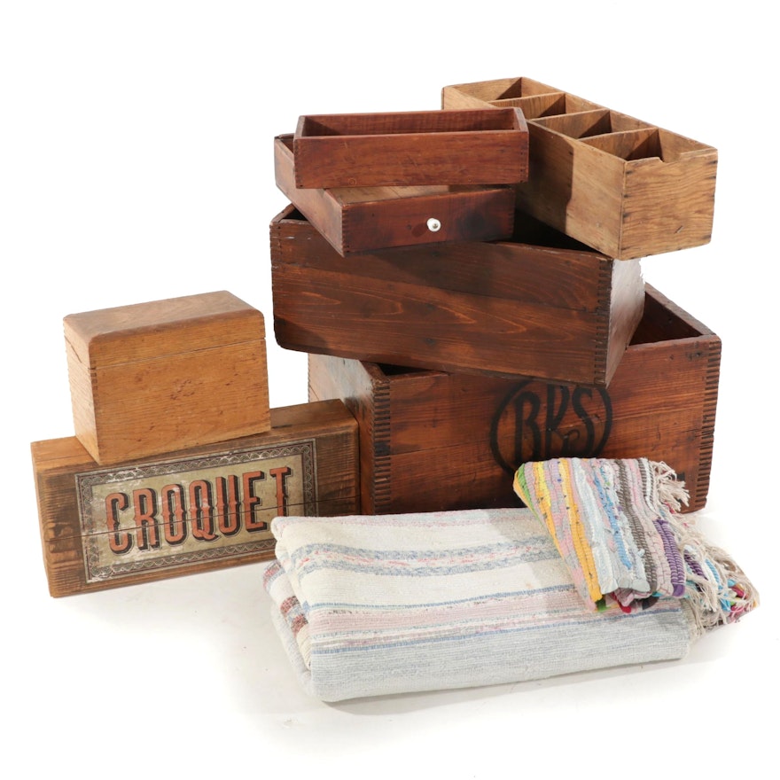 Handwoven Rag Rugs, Wooden Crates and Boxes
