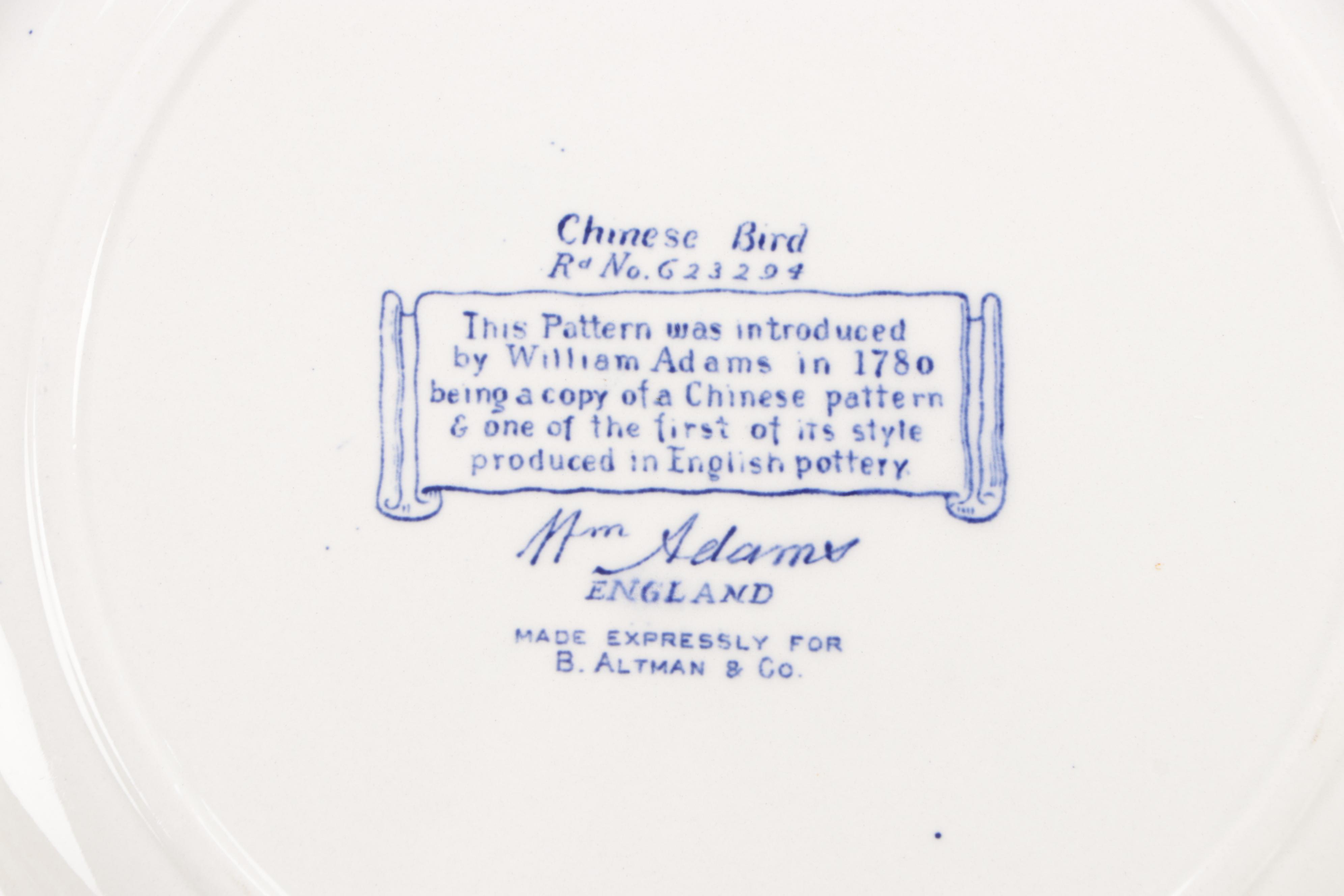 William Adams "Chinese Bird" Ironstone Dinnerware, 20th Century