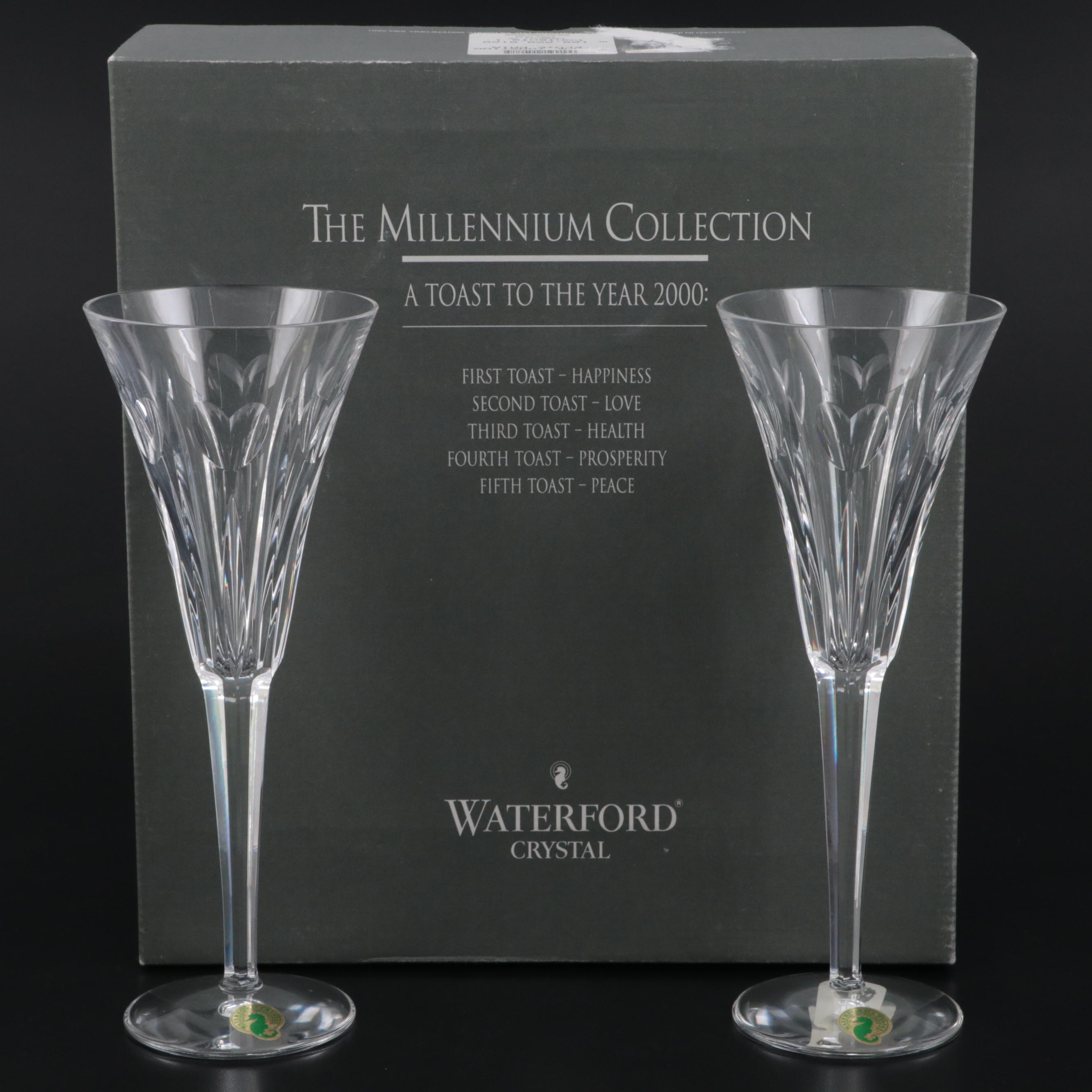 Waterford Crystal "Millennium Series" "Love" Toasting Fluted Champagne Glasses