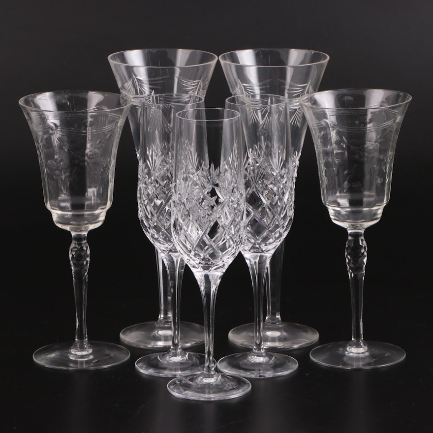 Waterford Crystal "Peace" Toasting Flutes with Other Champagne and Water Goblets