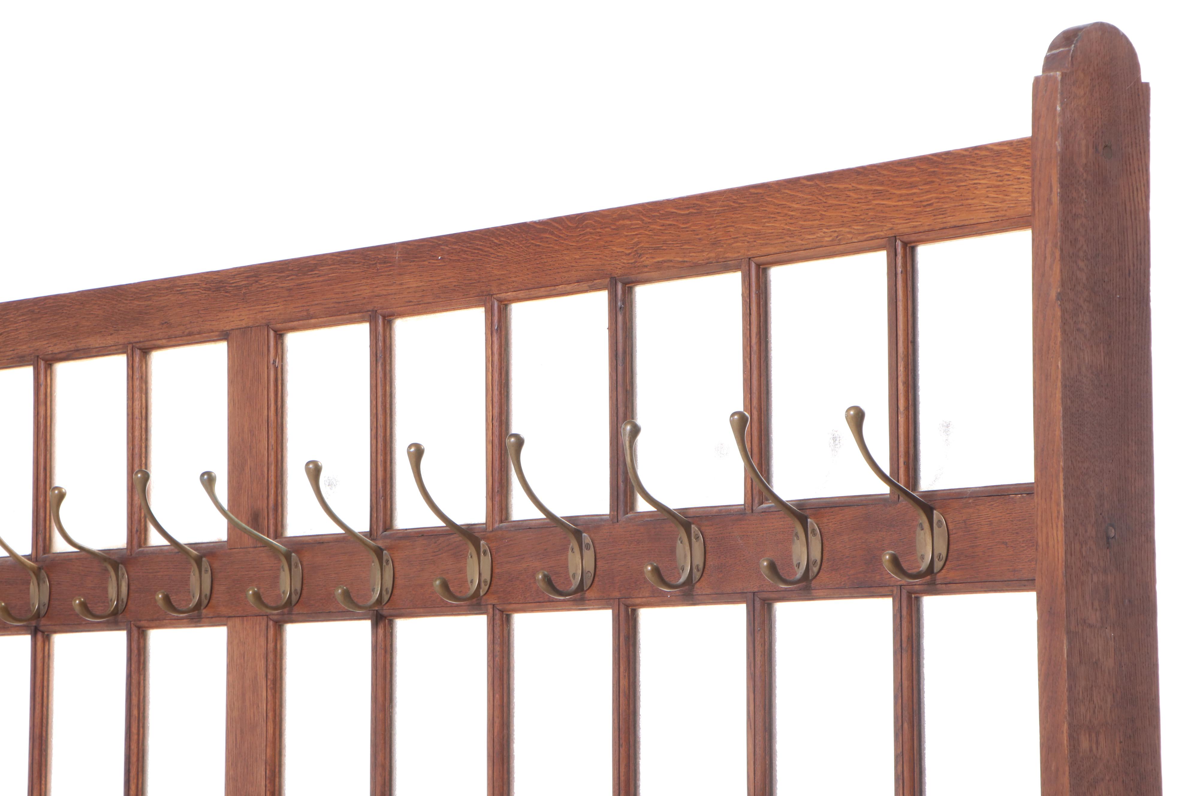 English Double-Sided Oak and Brass Sixty-Light School or Industrial Coat Stand