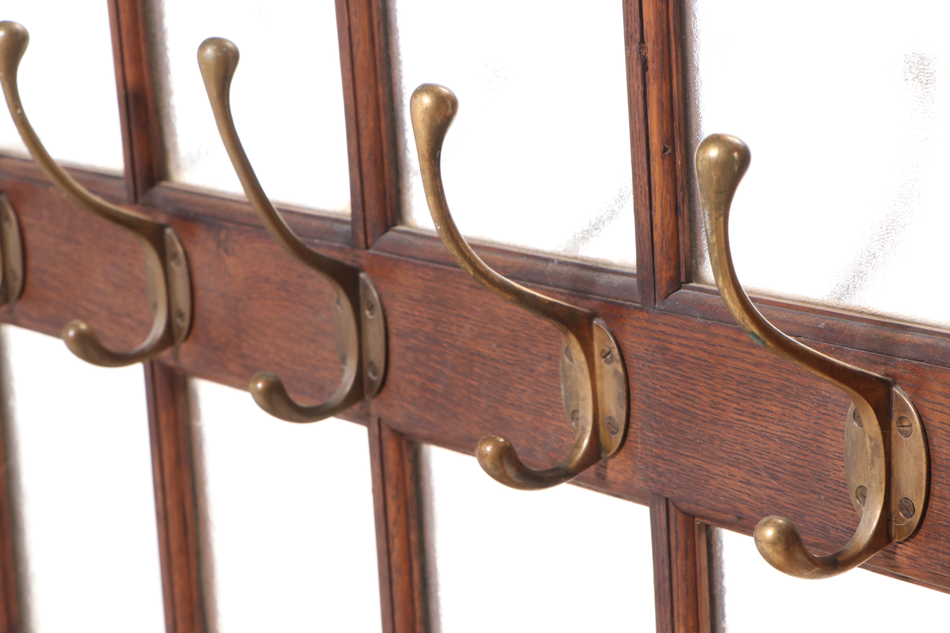 English Double-Sided Oak and Brass Sixty-Light School or Industrial Coat Stand