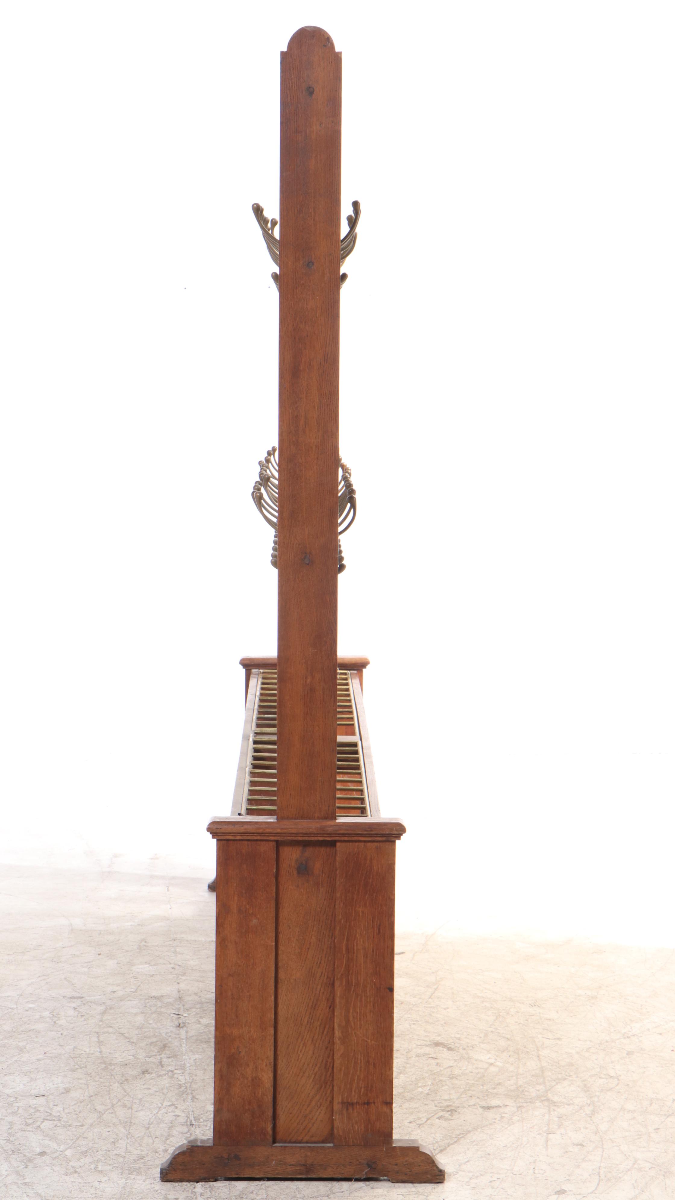 English Double-Sided Oak and Brass Sixty-Light School or Industrial Coat Stand