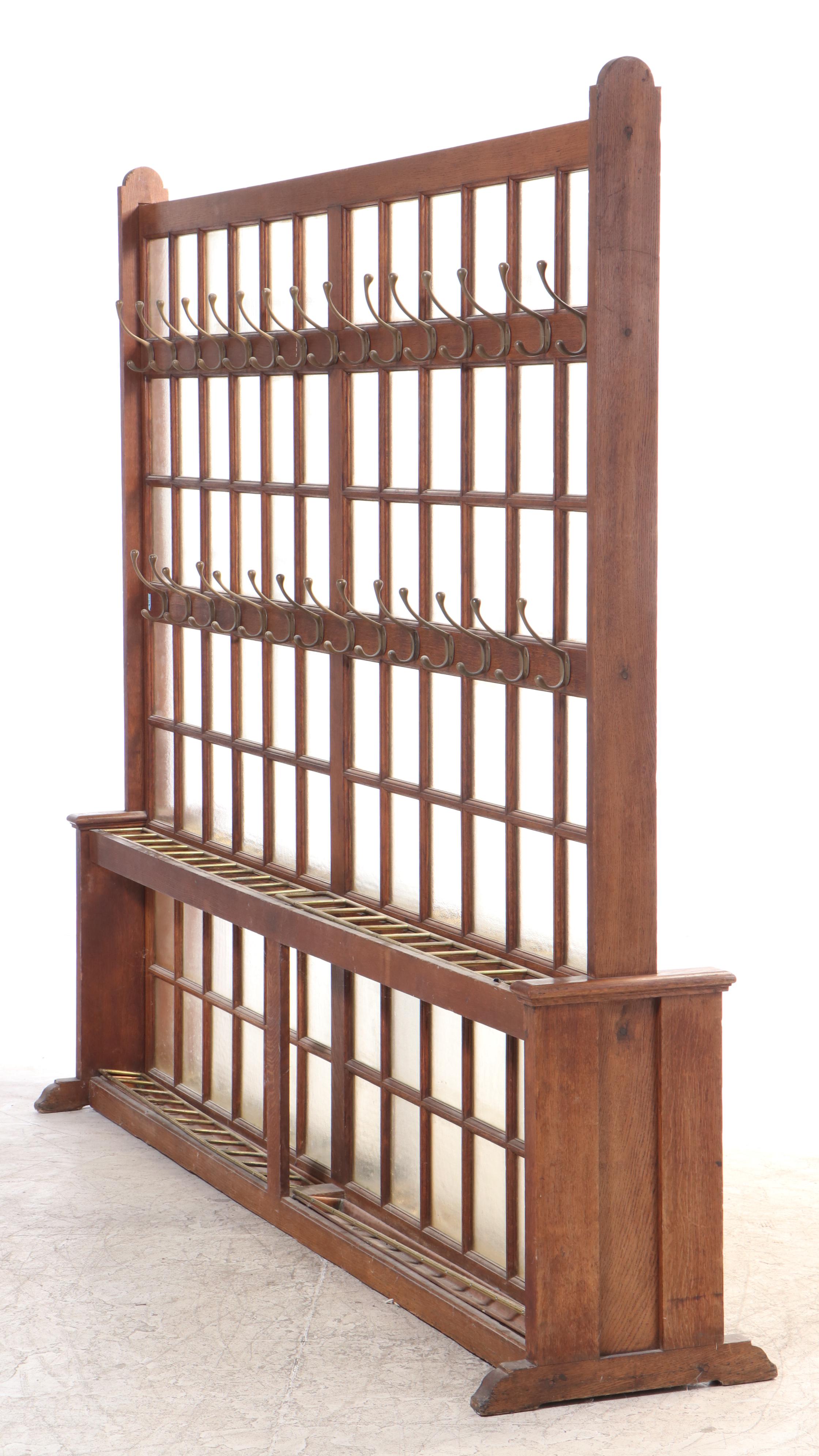 English Double-Sided Oak and Brass Sixty-Light School or Industrial Coat Stand