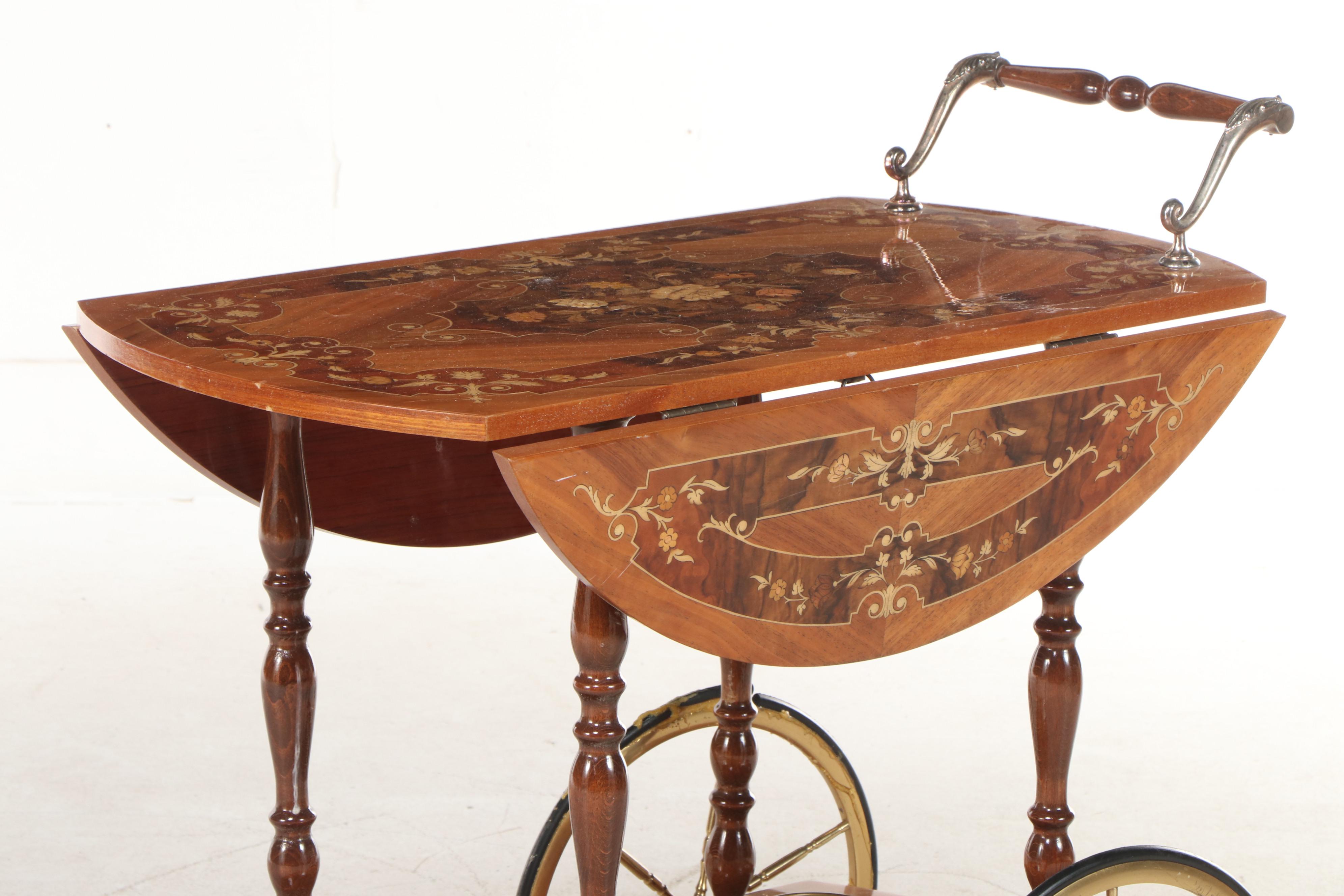 Italian Inlaid Walnut Serving Cart, Mid-20th Century